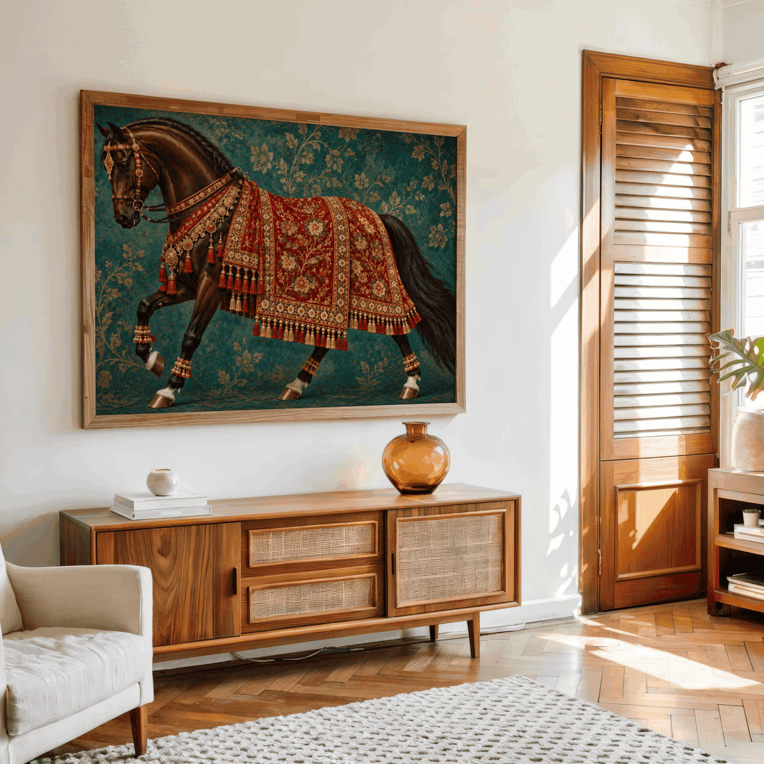 Royal Indian horse with red and gold embroidered decorations against a teal floral background