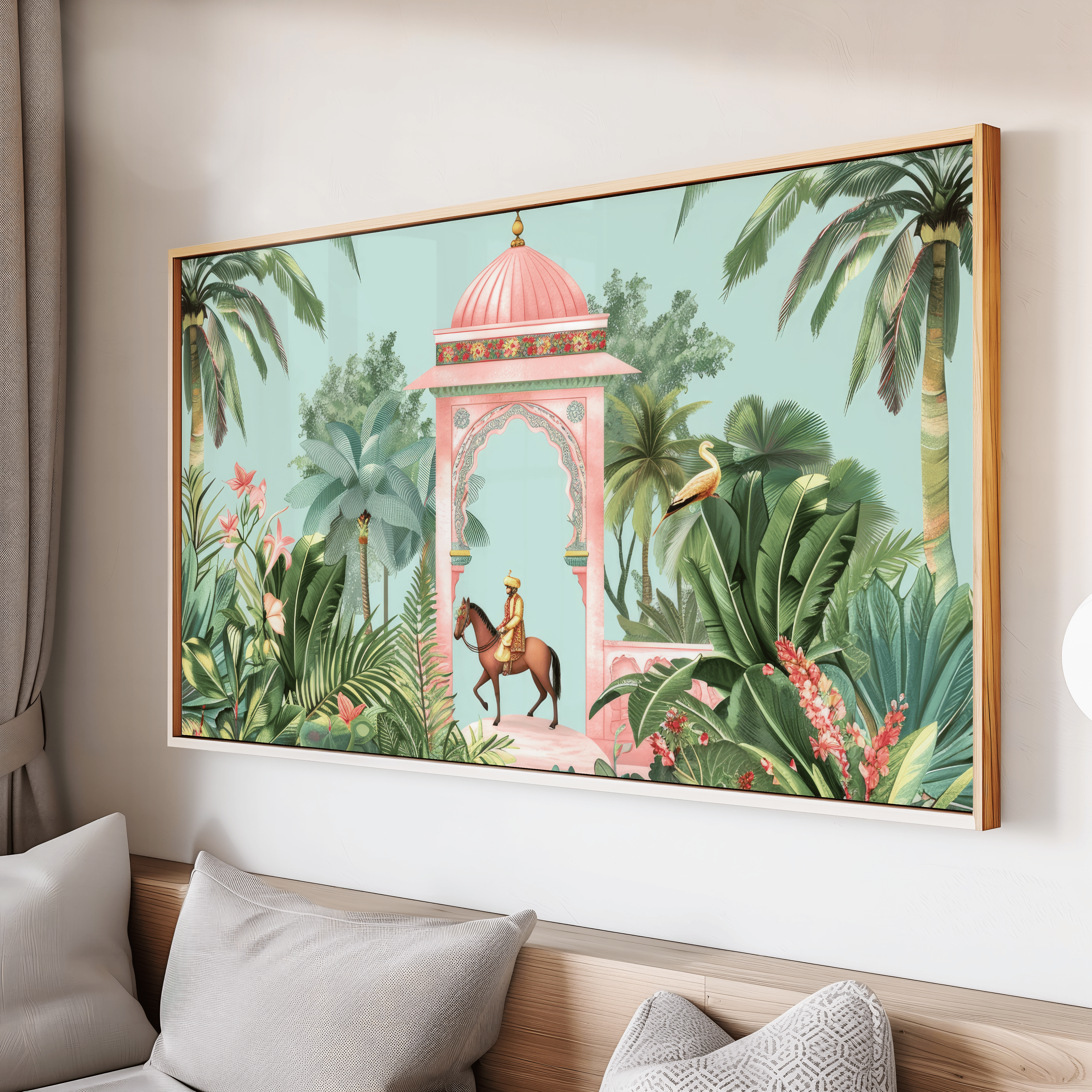 Royal Indian horse rider under pink palace arch surrounded by lush tropical palm trees and botanical garden wall art