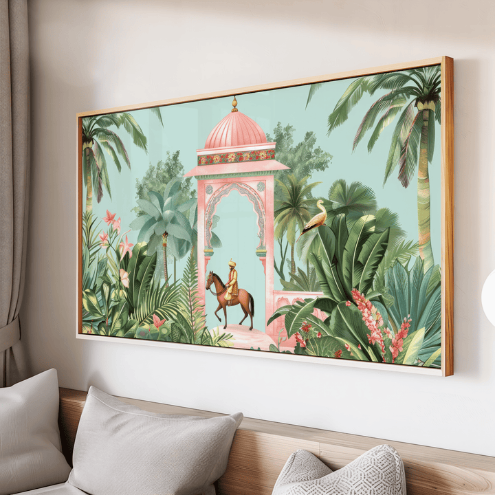 Royal Indian horse rider under pink palace arch surrounded by lush tropical palm trees and botanical garden wall art