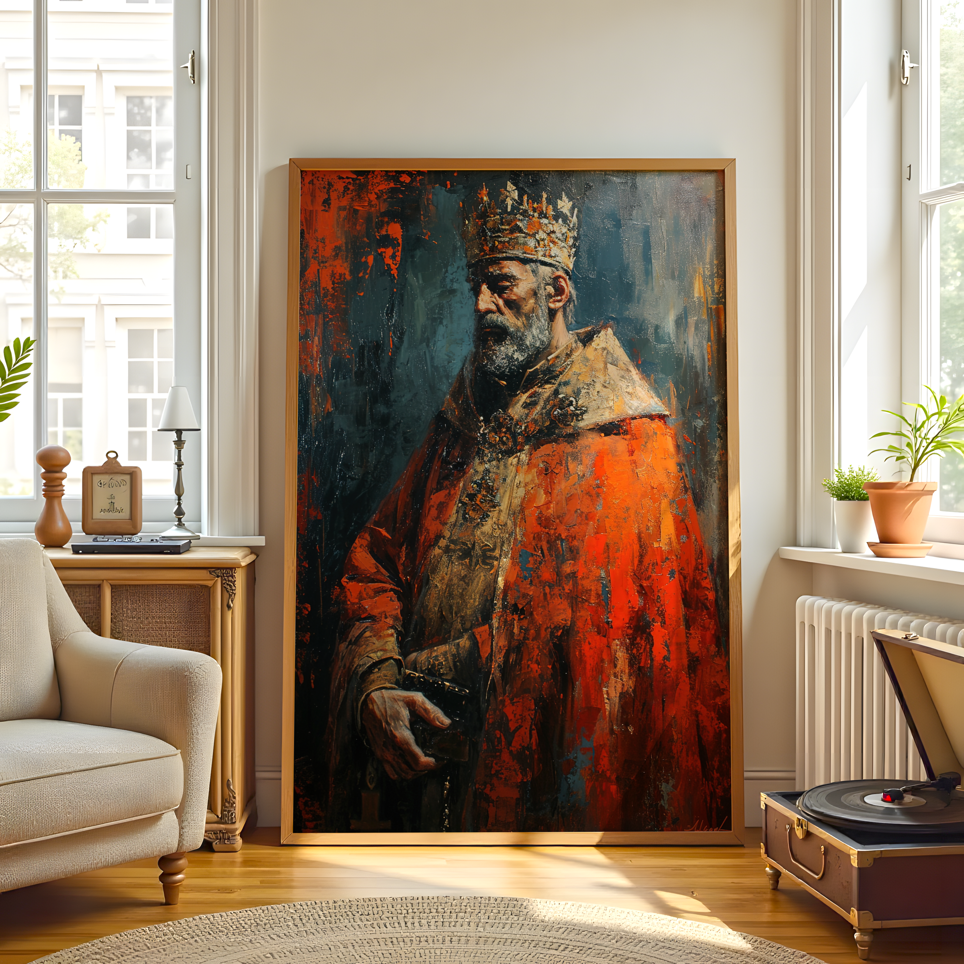 Painting of regal king in crown and red robe – luxury wall décor