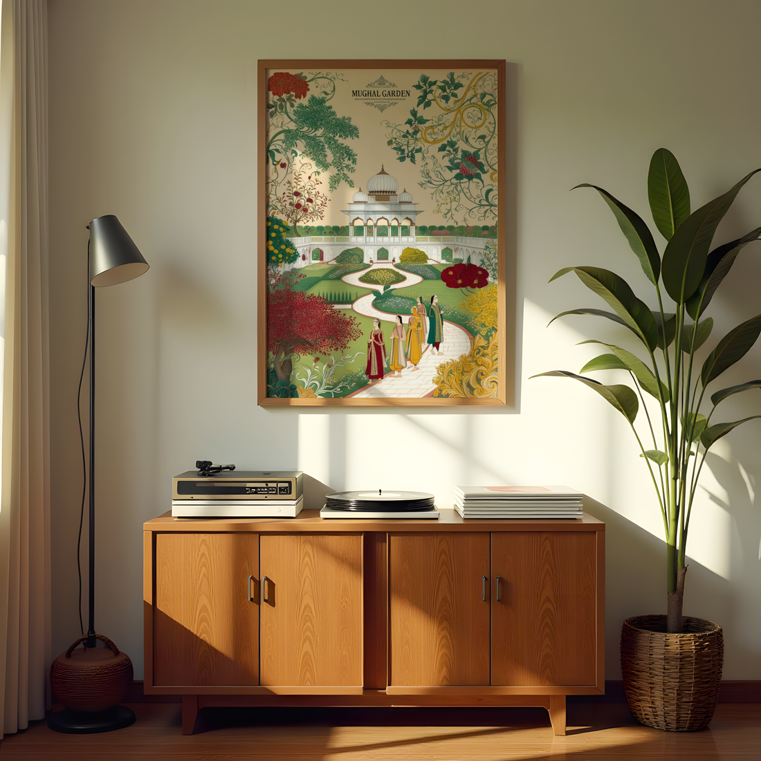 Royal Indian Mughal garden scene featuring domed architecture and vibrant plants