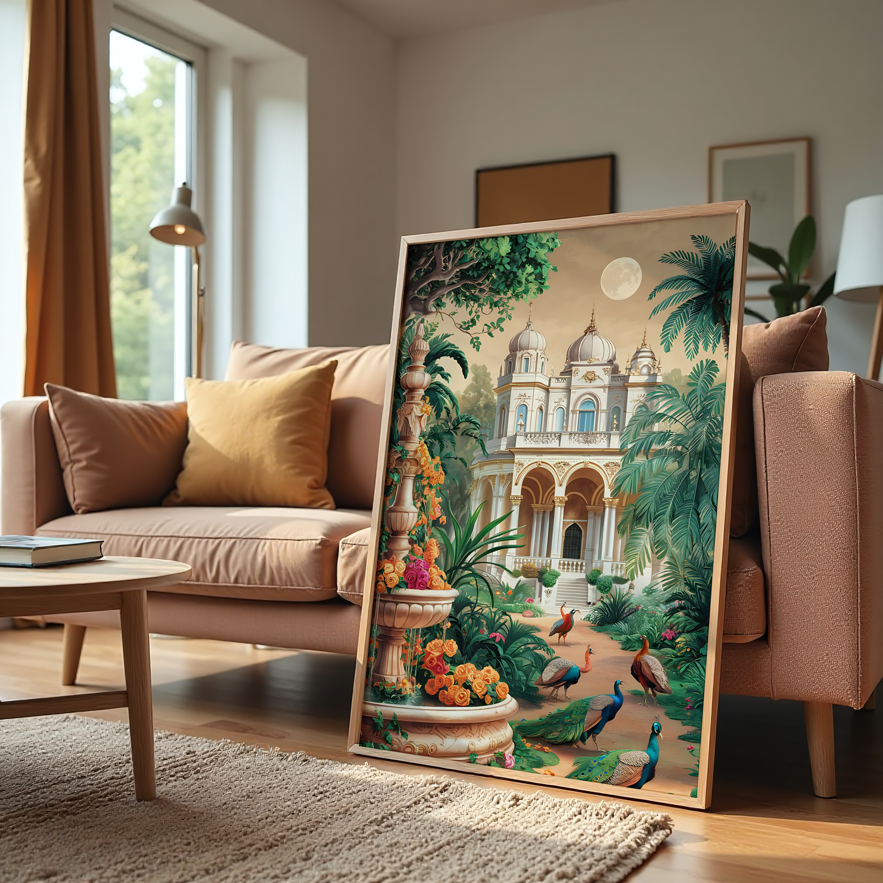 Royal palace garden painting with peacocks, flowers, and moonlit architecture