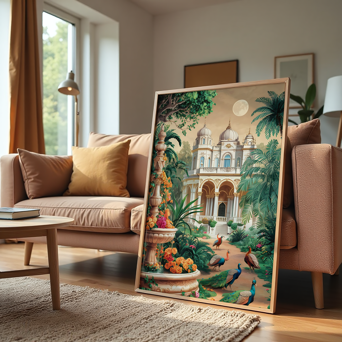 Royal palace garden painting with peacocks, flowers, and moonlit architecture