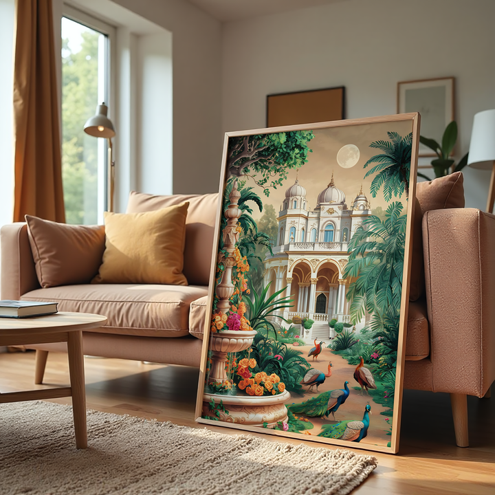 Royal palace garden painting with peacocks, flowers, and moonlit architecture