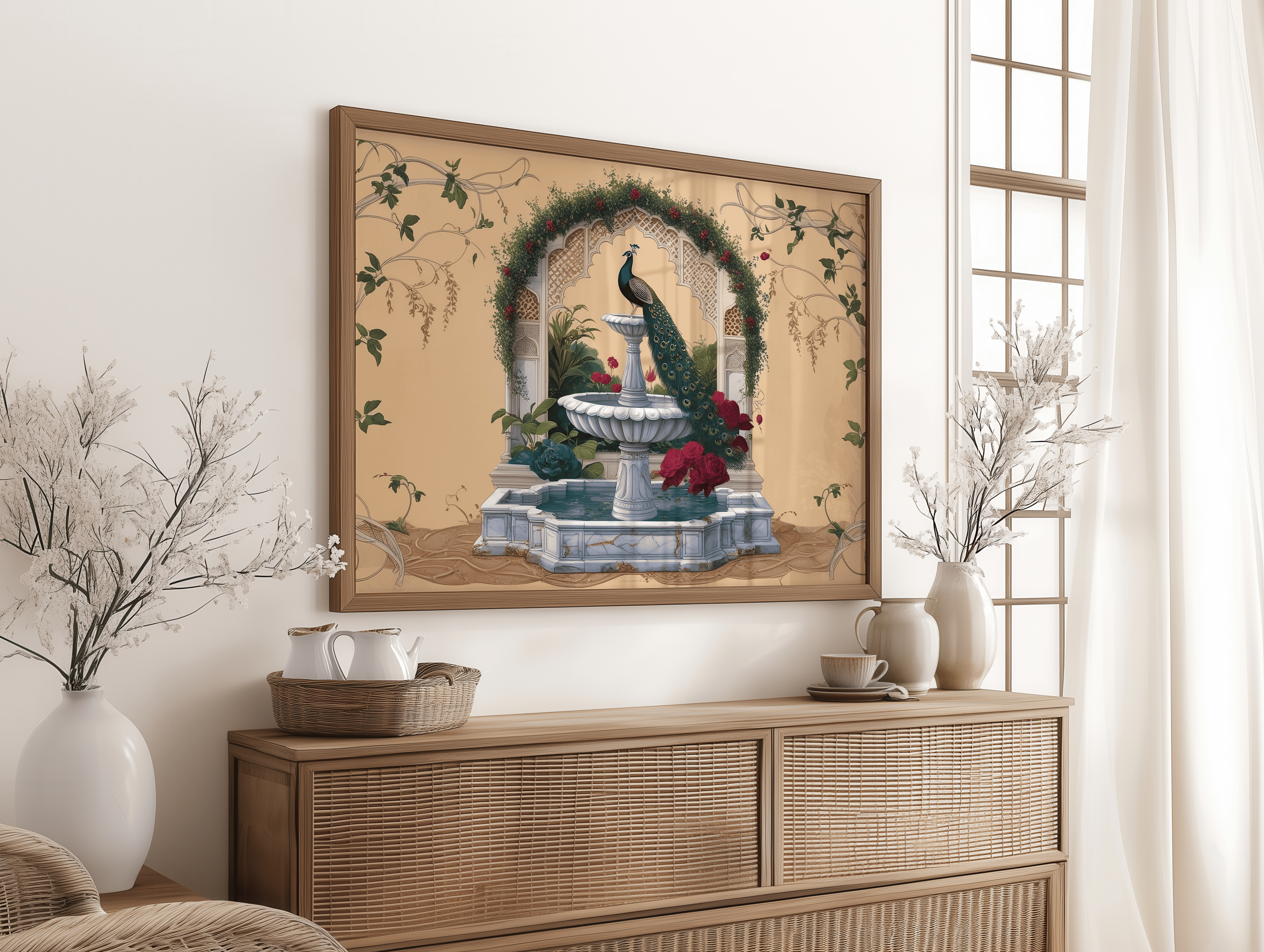 Royal peacock painting with roses vines and fountain décor
