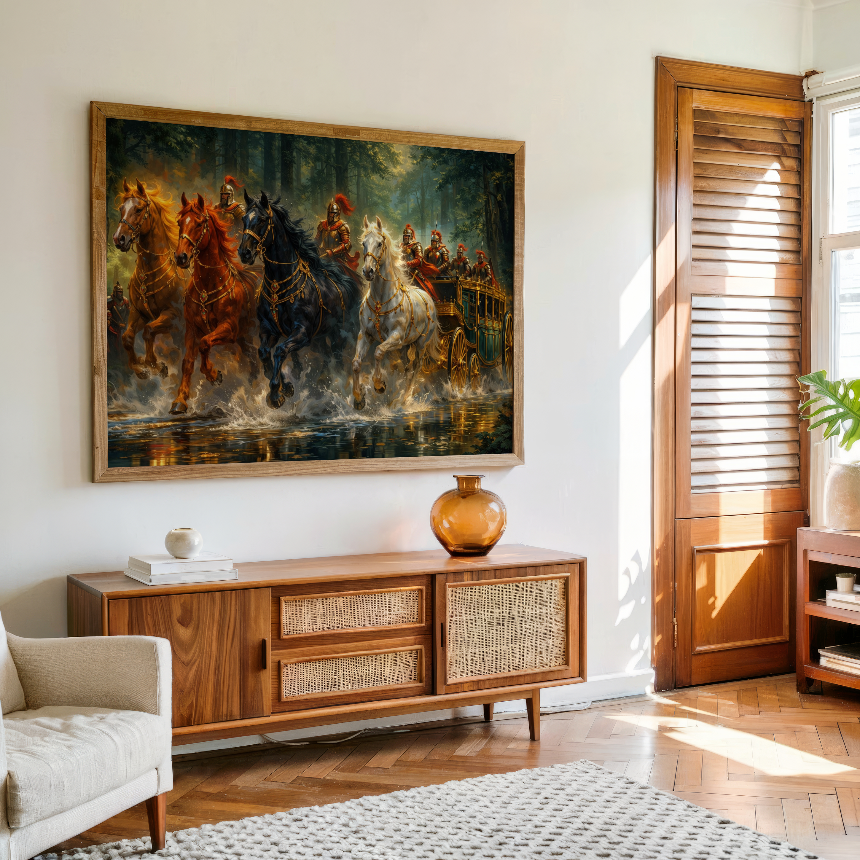 Royal warrior chariot wall art with majestic horses running through forest