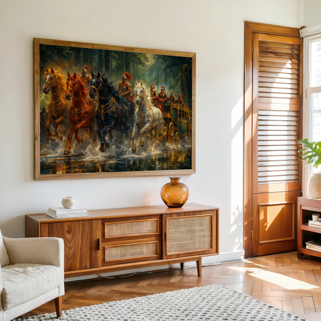 Royal warrior chariot wall art with majestic horses running through forest