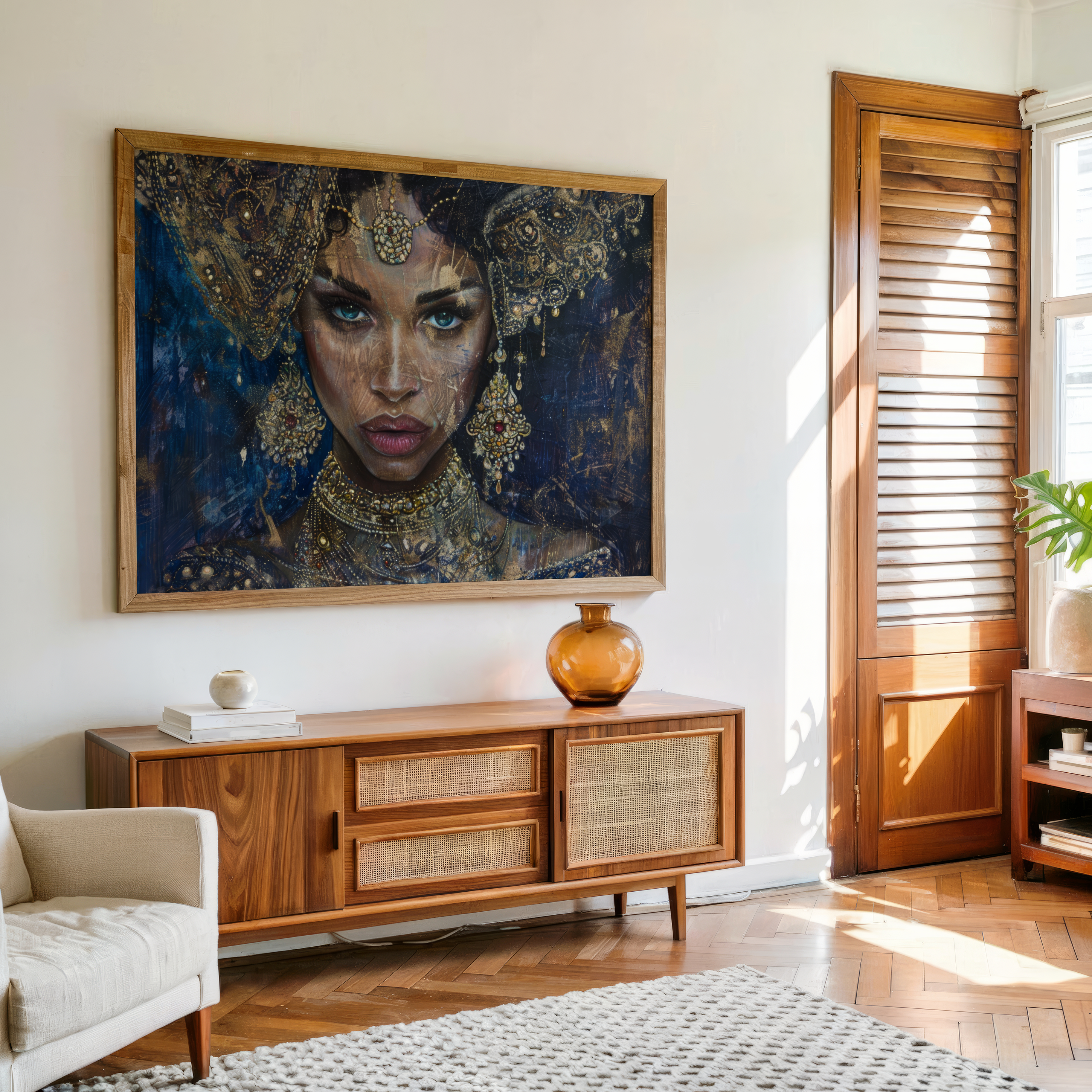 Royal woman portrait canvas wall art with ornate jewelry and cultural heritage design framed for luxury home décor