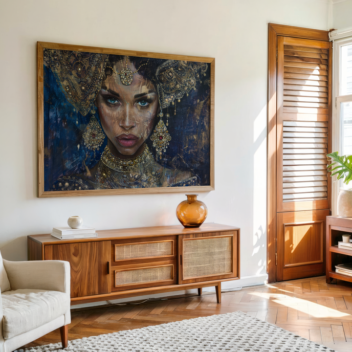 Royal woman portrait canvas wall art with ornate jewelry and cultural heritage design framed for luxury home décor
