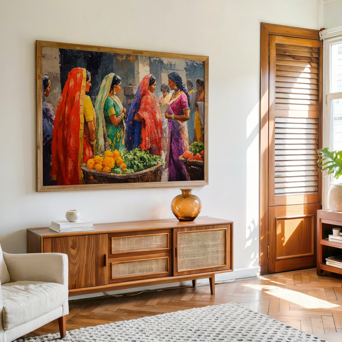 Rural Indian marketplace artwork with women, flowers, and vegetables