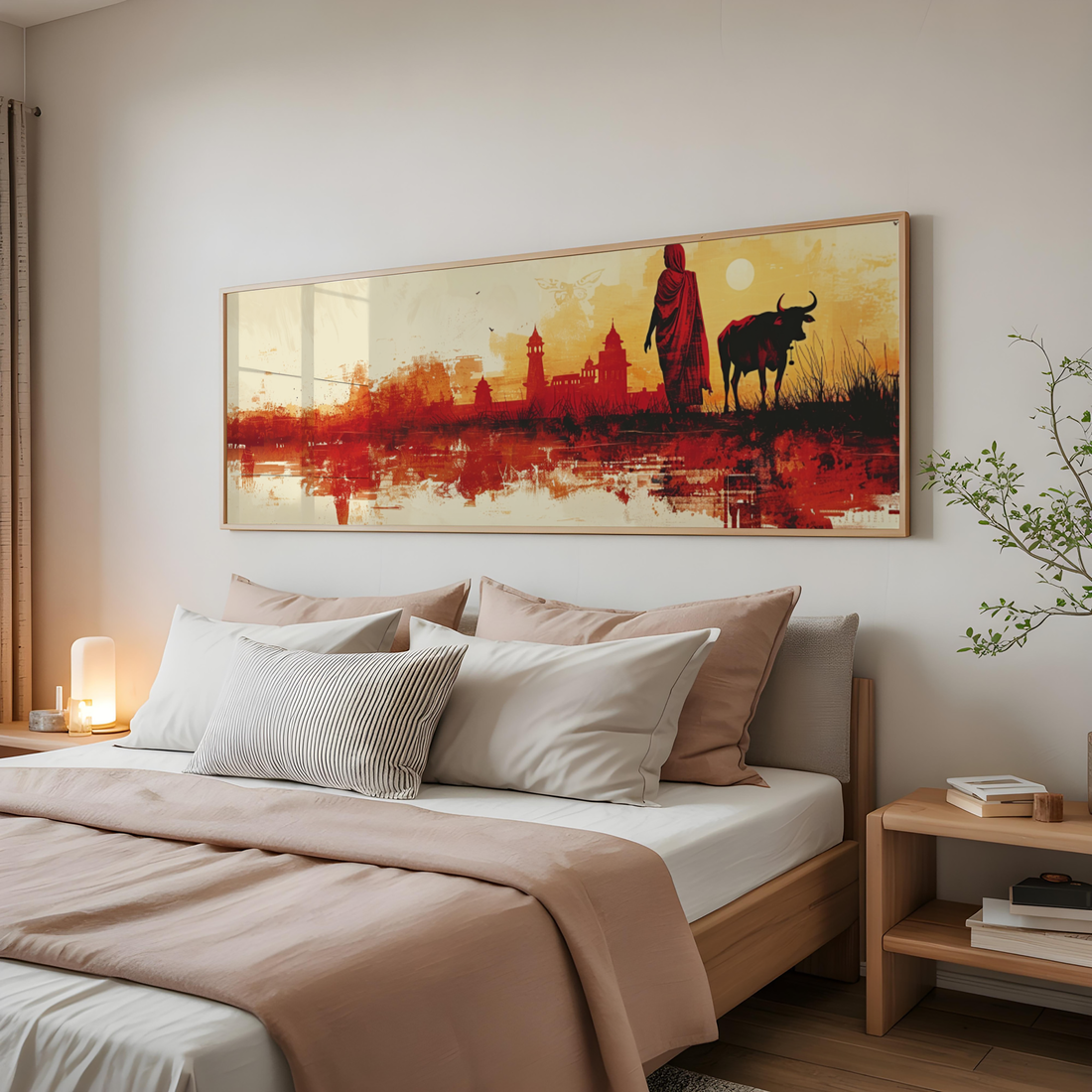 Folk style Indian countryside artwork with cultural heritage