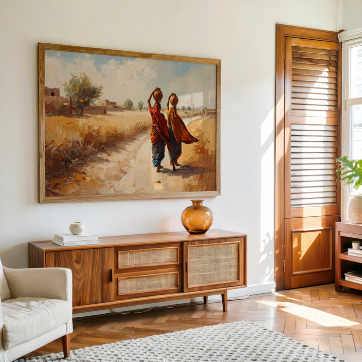 Rural Indian women carrying water pots on a village path canvas wall art