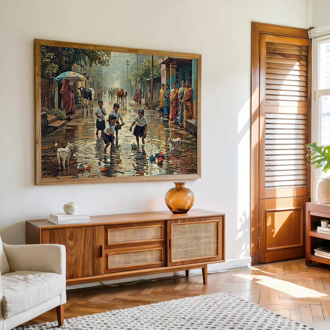 Indian village kids playing with paper boats in rain – premium canvas wall art ready to hang