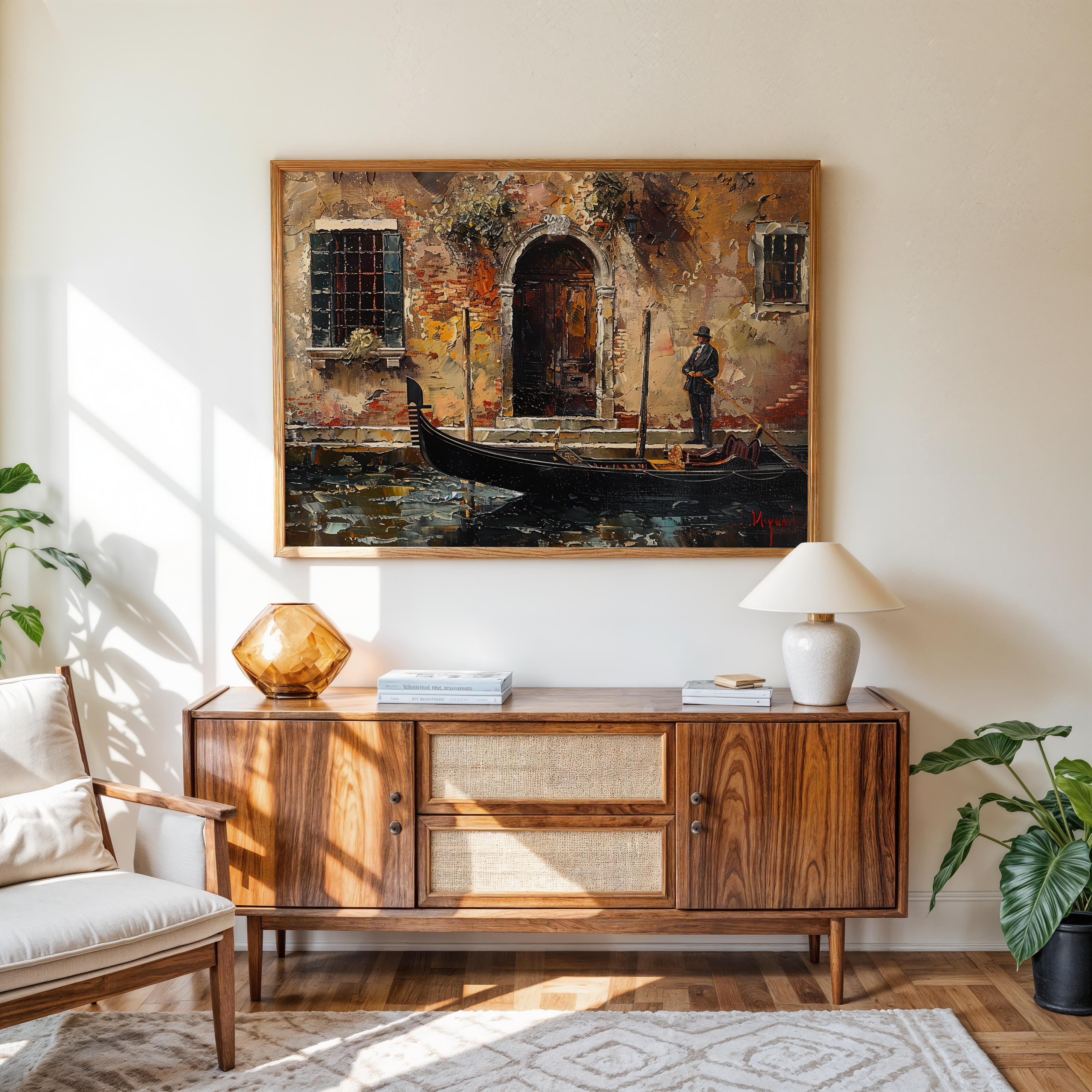 Rustic European house with gondola canvas wall art