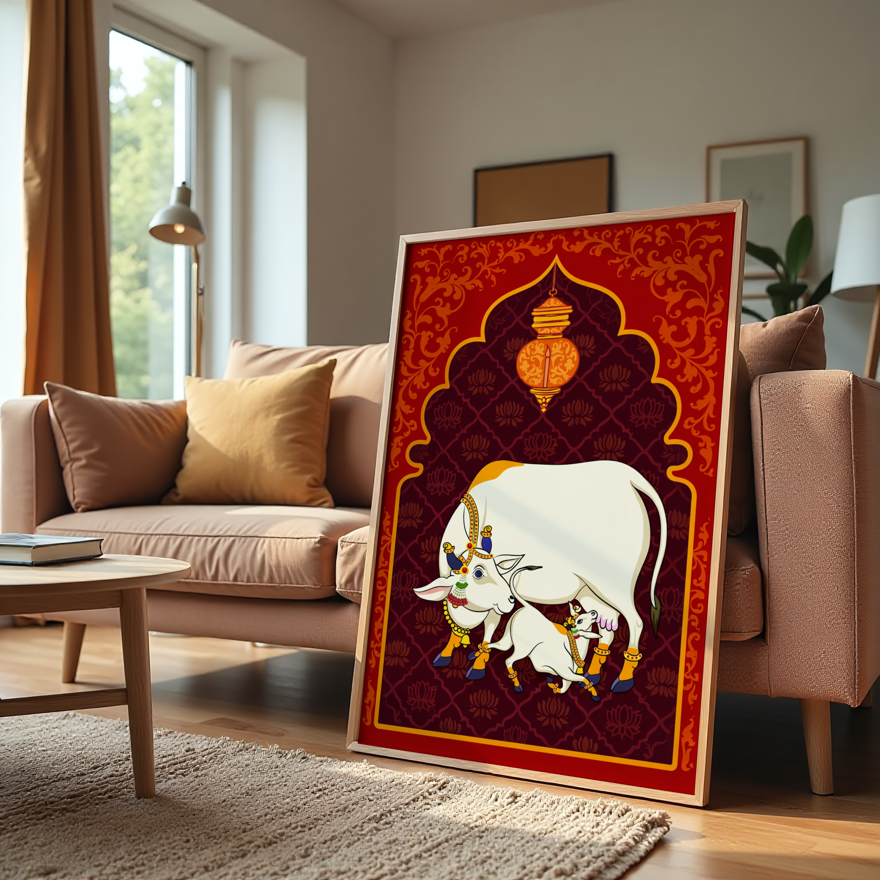 Sacred cow and calf Hindu religious canvas wall art for pooja room decor
