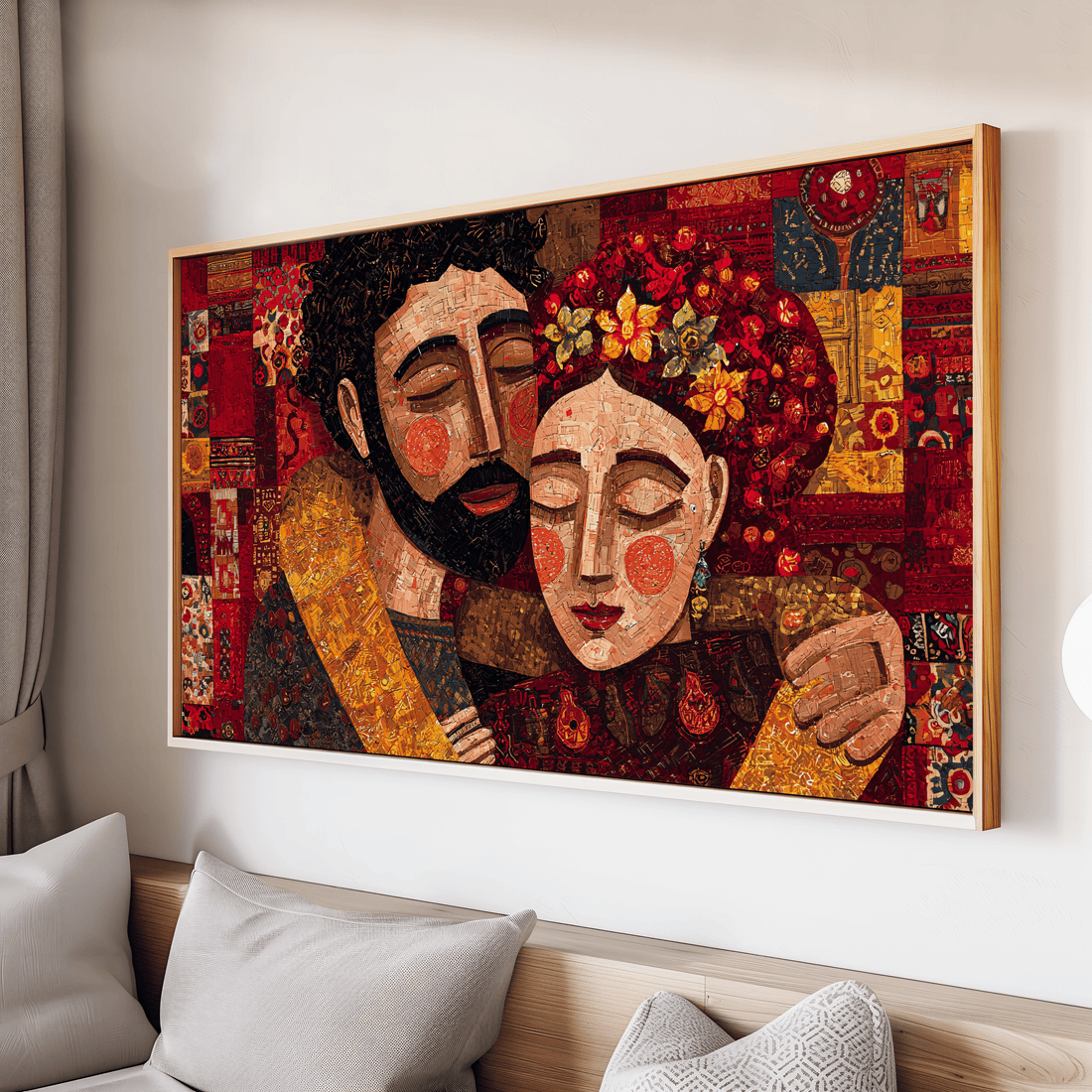 Cultural mosaic style couple embracing with eyes closed symbolizing deep love and unity canvas