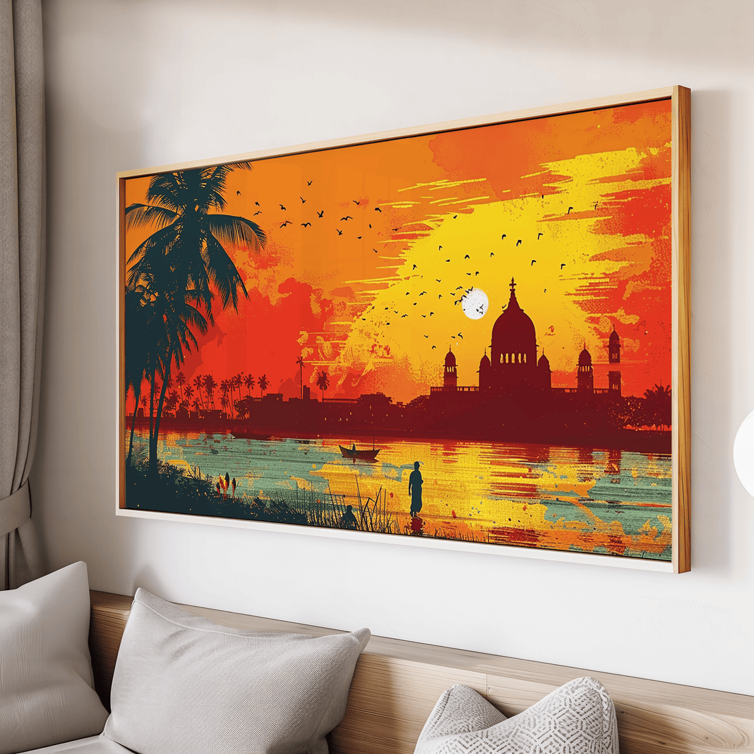 Indian river sunset wall art with temple silhouette