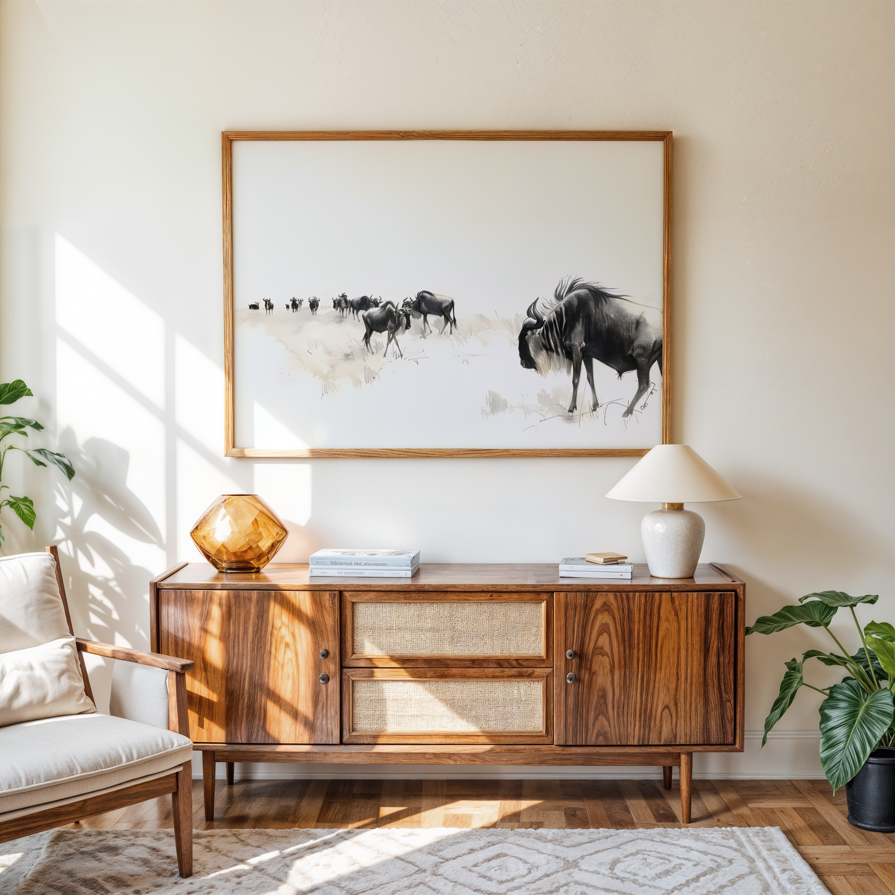 Minimal safari wildlife art print with wildebeest in open landscape
