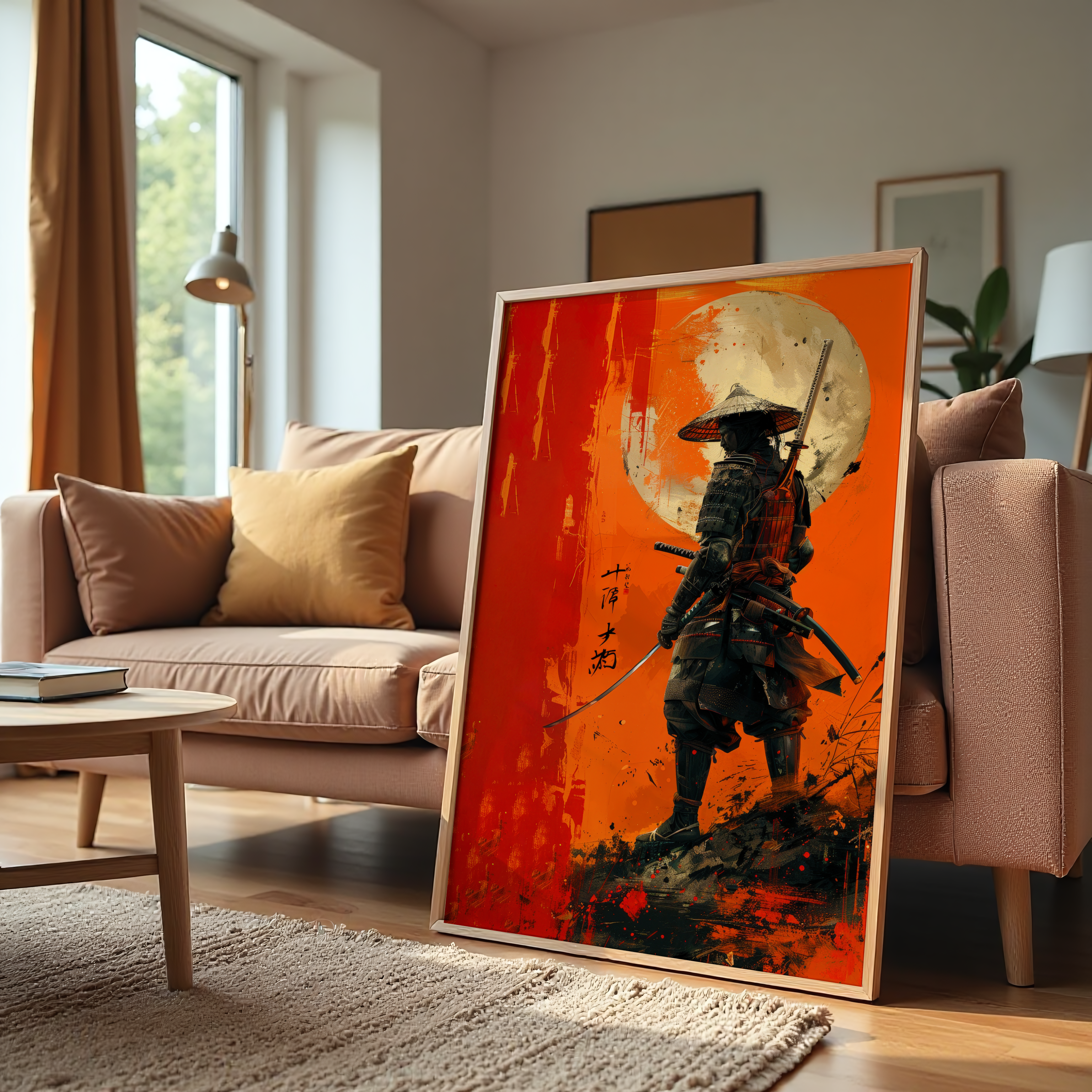 Samurai warrior wall art with red sun background on canvas.
