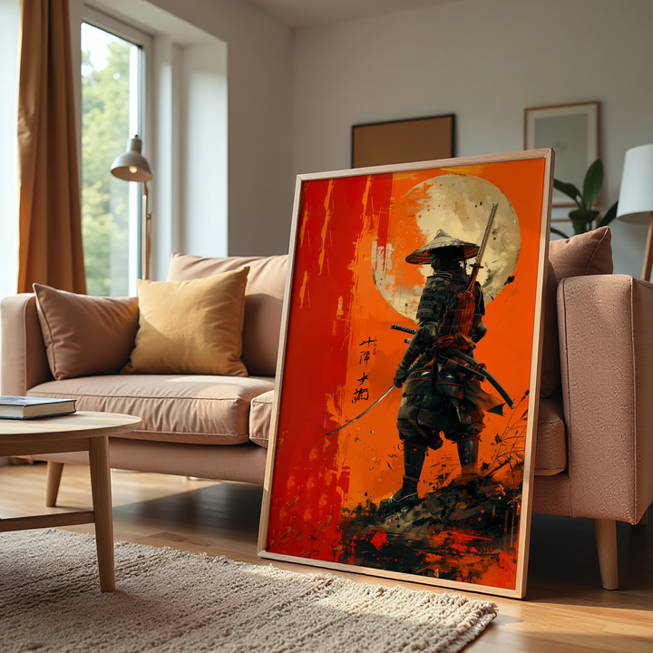 Samurai warrior wall art with red sun background on canvas.