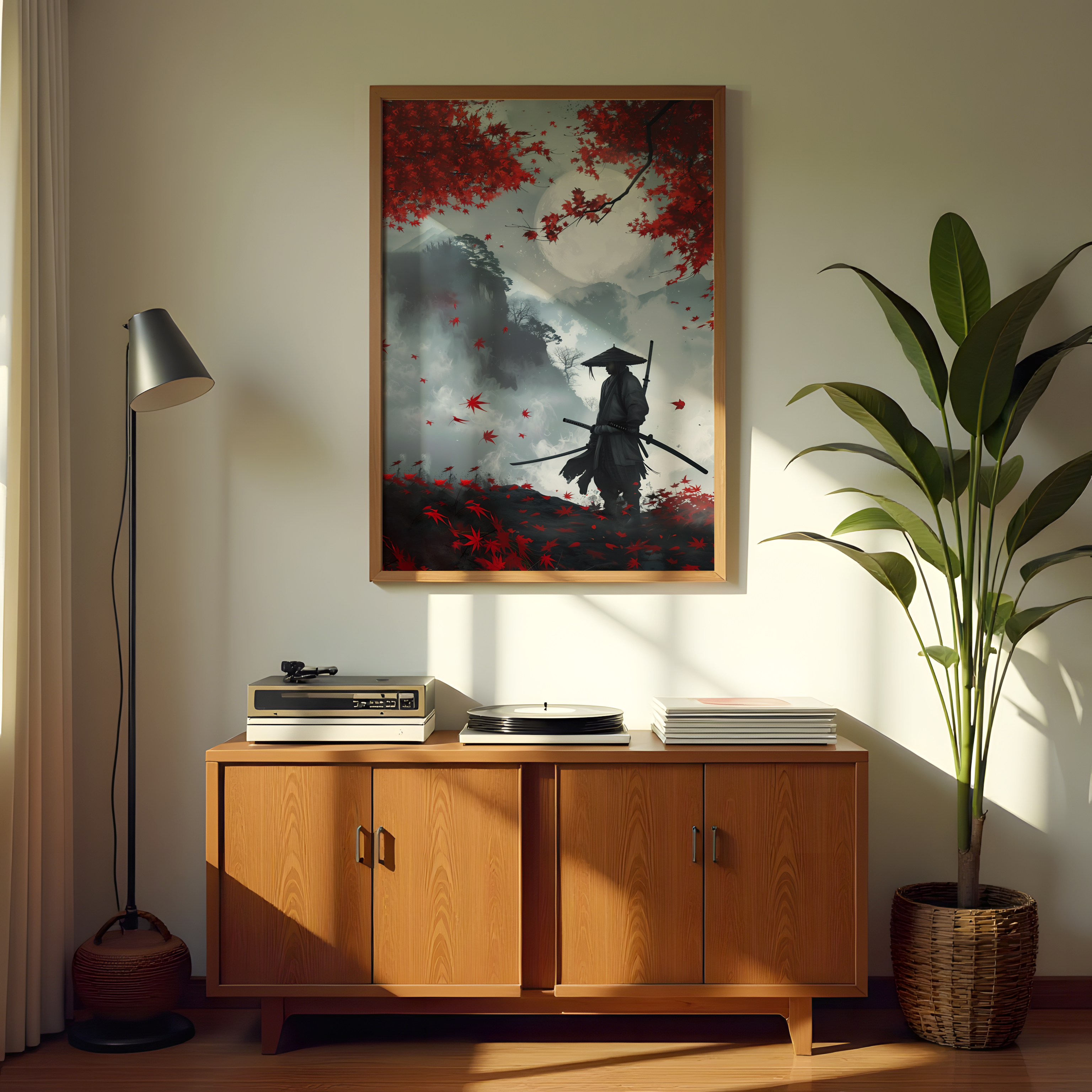 Moonlit samurai silhouette canvas print for wall décor