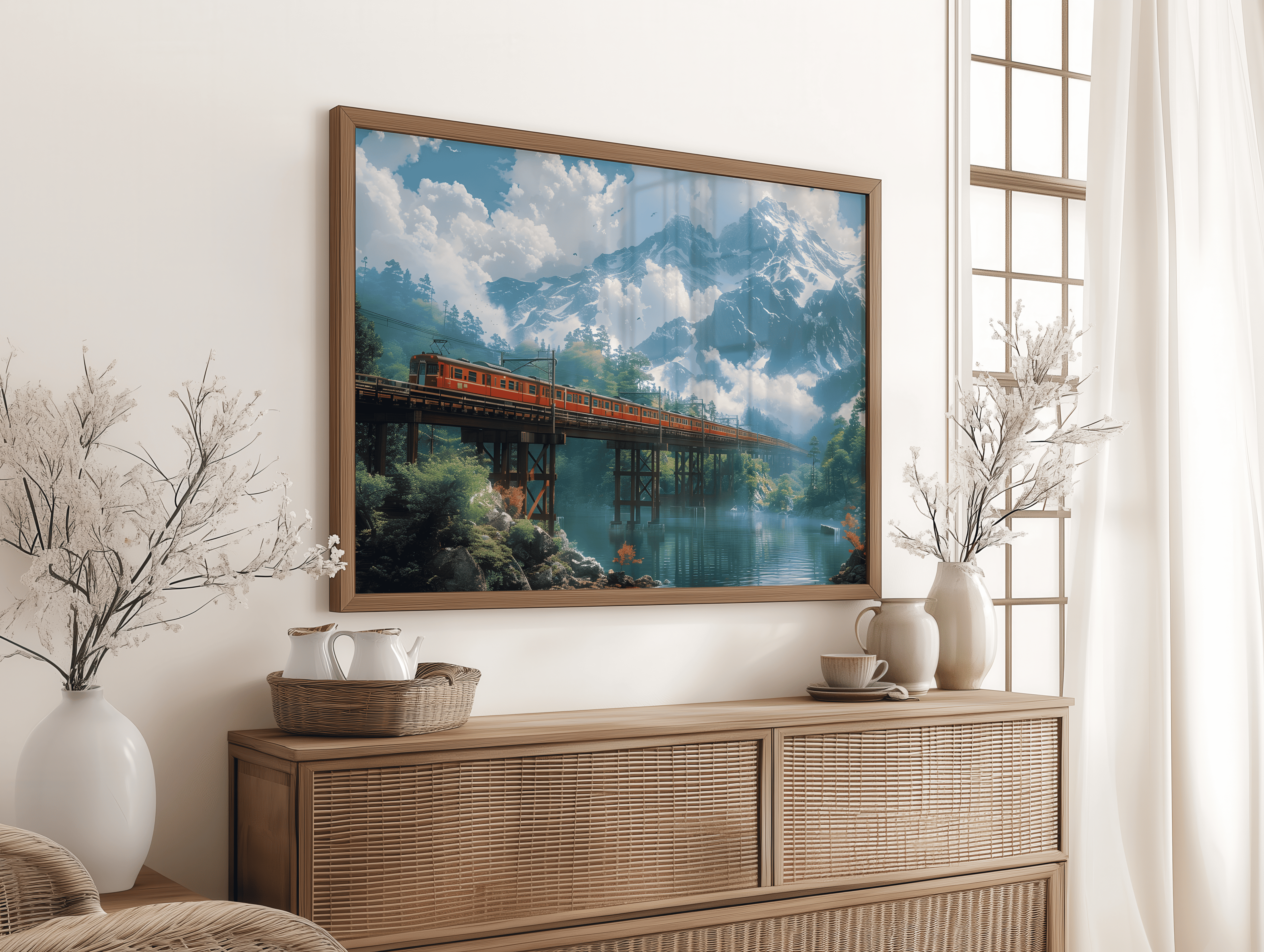 Railway canvas painting of train crossing bridge in nature