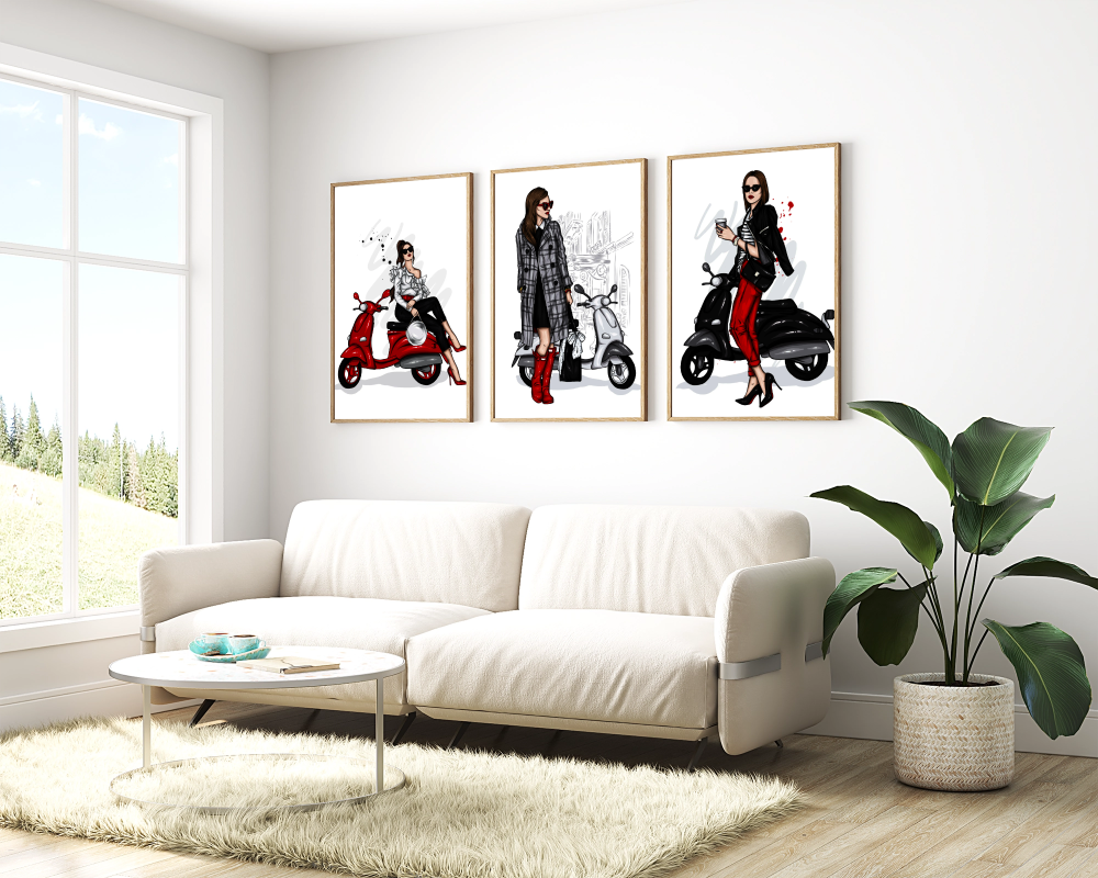 Stylish scooter girls fashion wall art 3-piece set with modern chic design, perfect for bedroom or office.