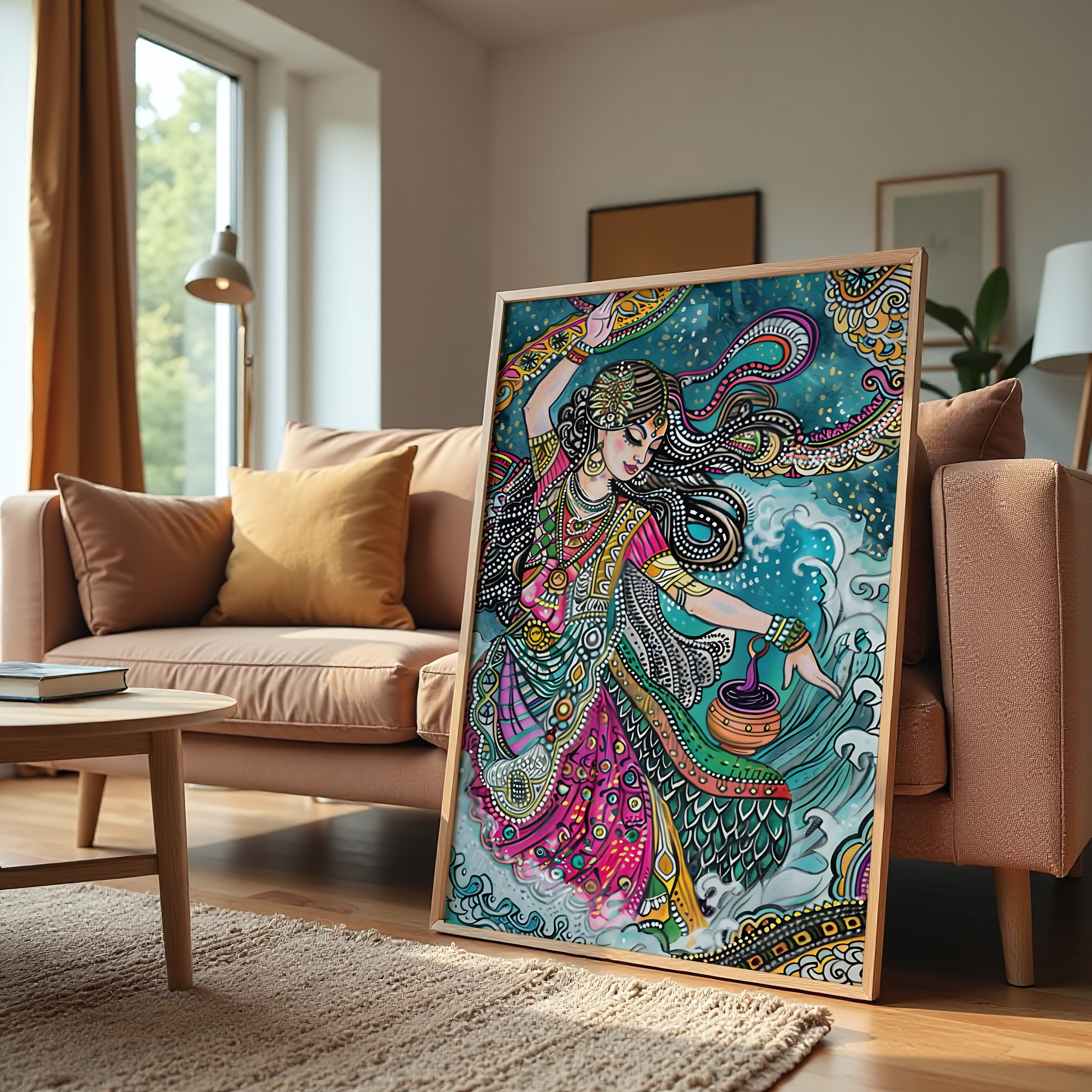 Colorful sea goddess dancing on waves canvas print for home wall decor