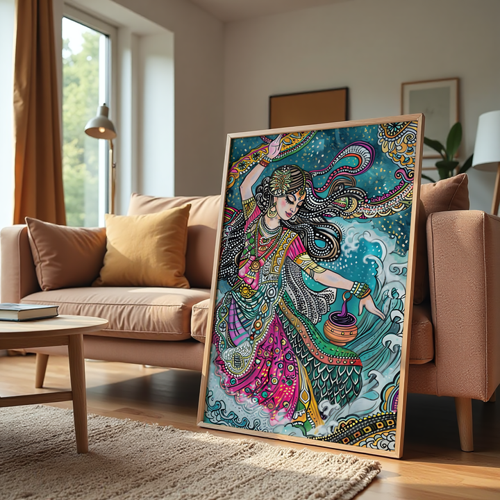 Colorful sea goddess dancing on waves canvas print for home wall decor