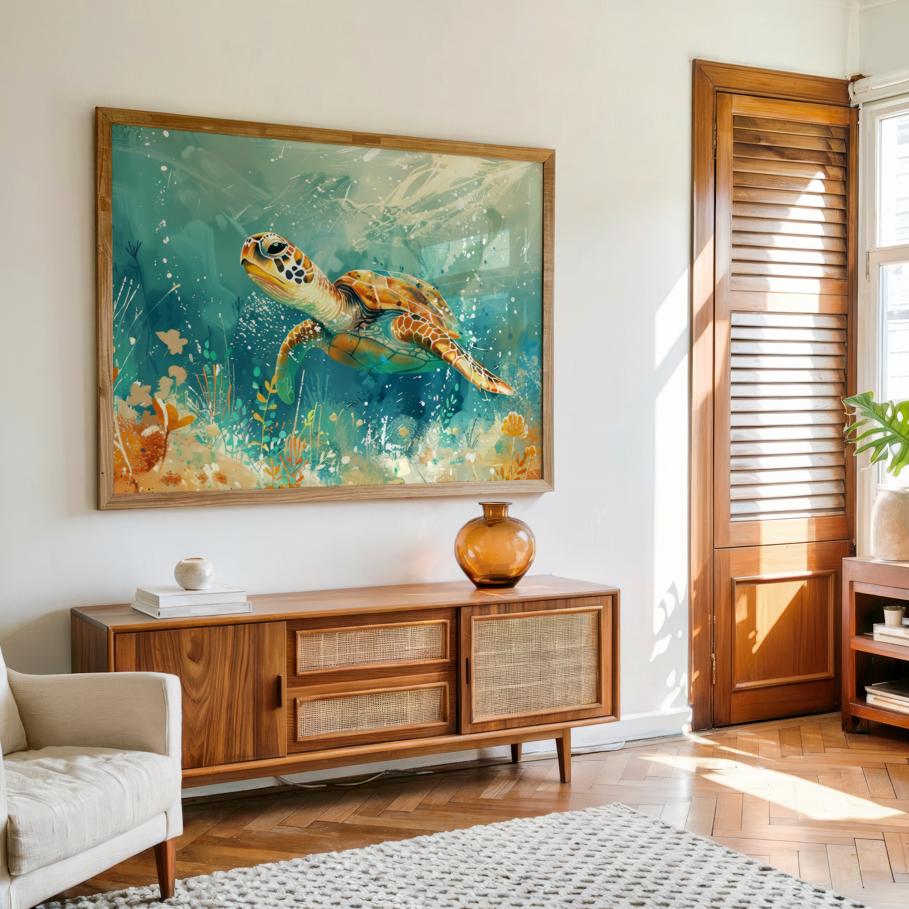 Sea turtle canvas wall art swimming underwater with corals