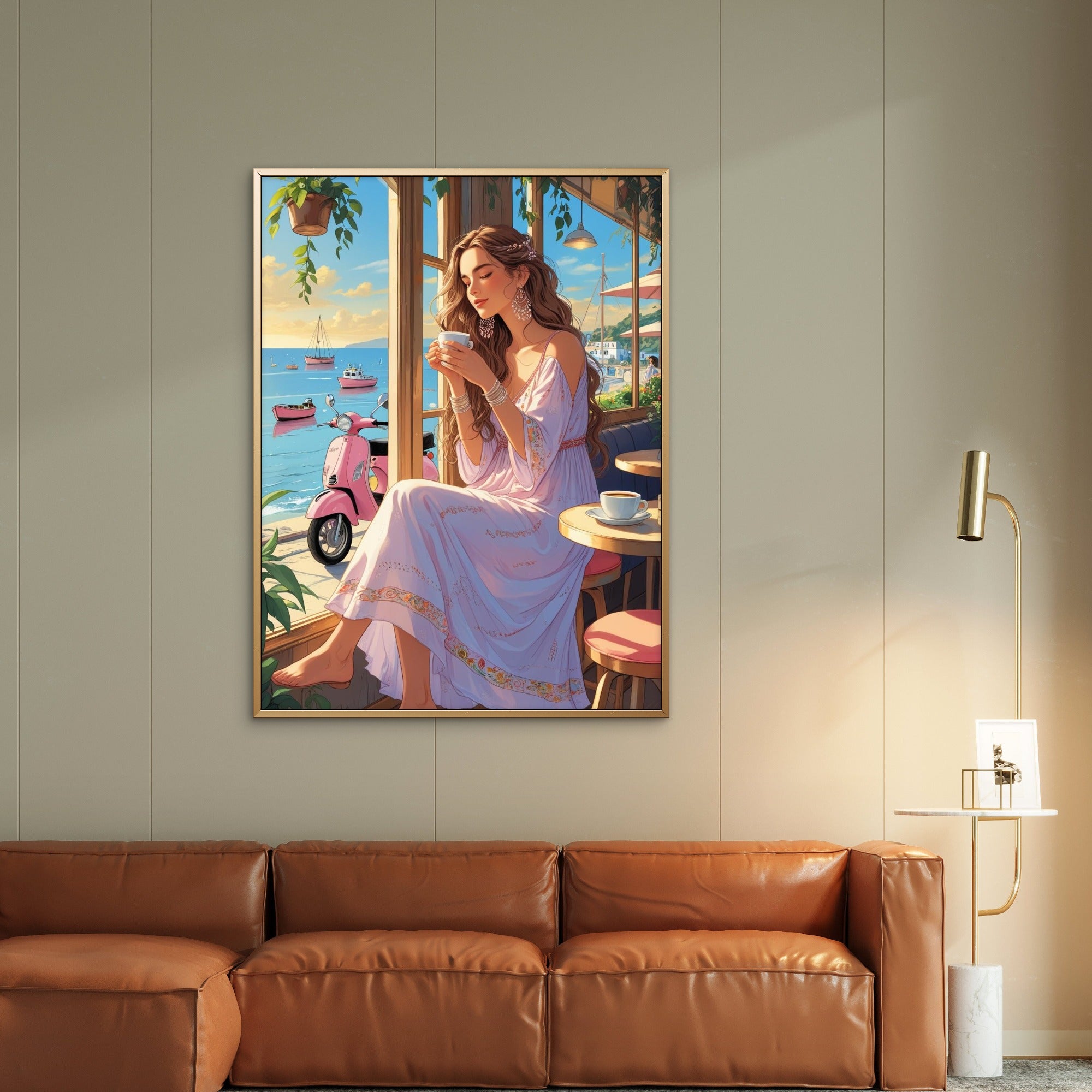 Framed artwork of a woman in a dress by a waterfront scene on a wall above a brown leather sofa.