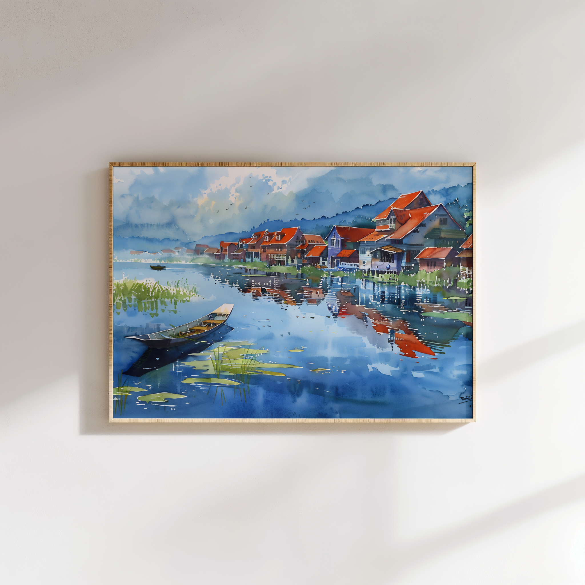 Serene wall art of lakeside village in vibrant canvas style