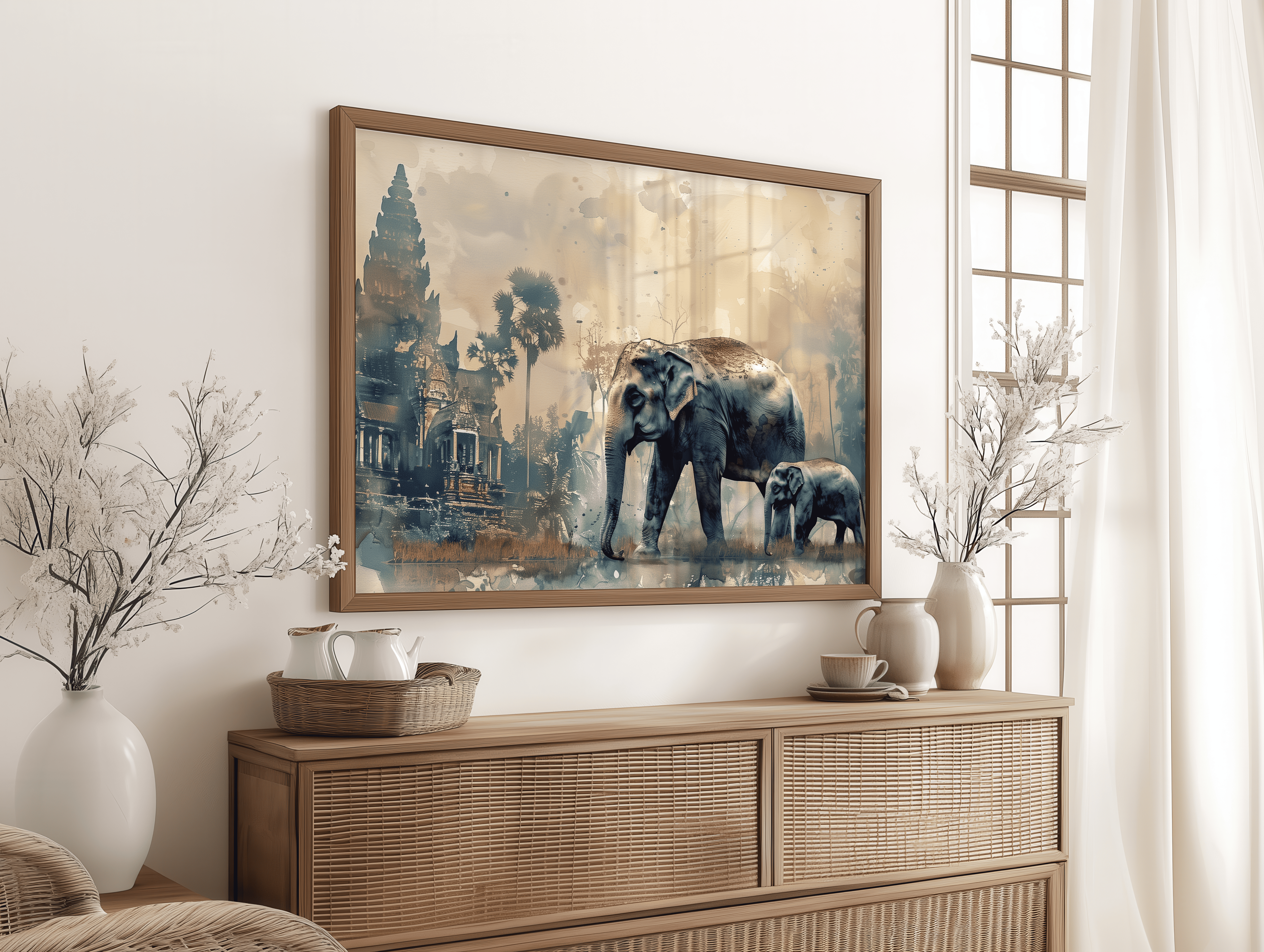 Serene elephant watercolor wall decor with temple and misty landscape