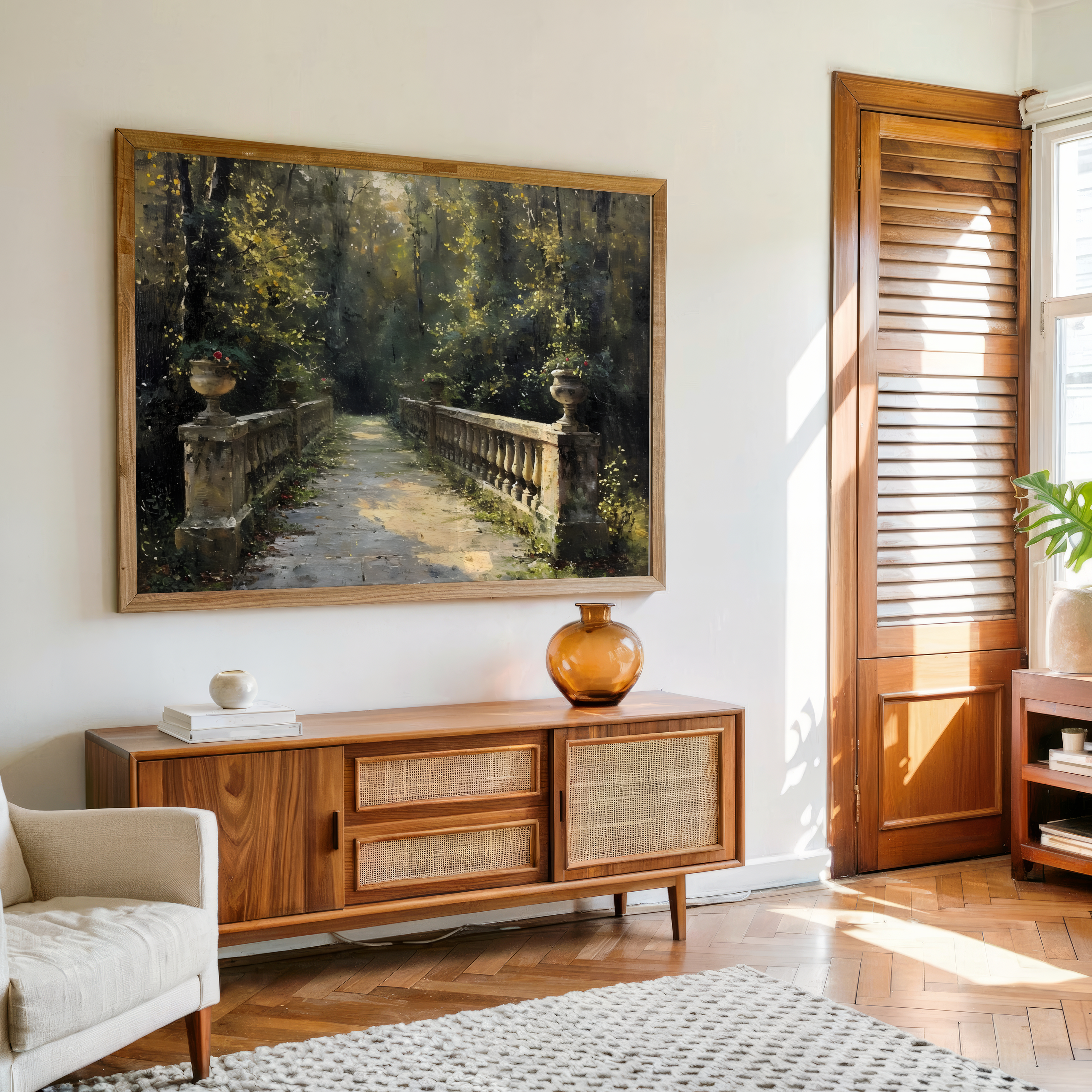 Serene garden bridge wall art canvas with peaceful forest scenery and soft sunlight