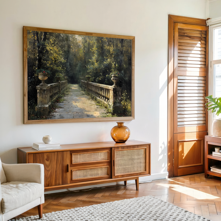 Serene garden bridge wall art canvas with peaceful forest scenery and soft sunlight