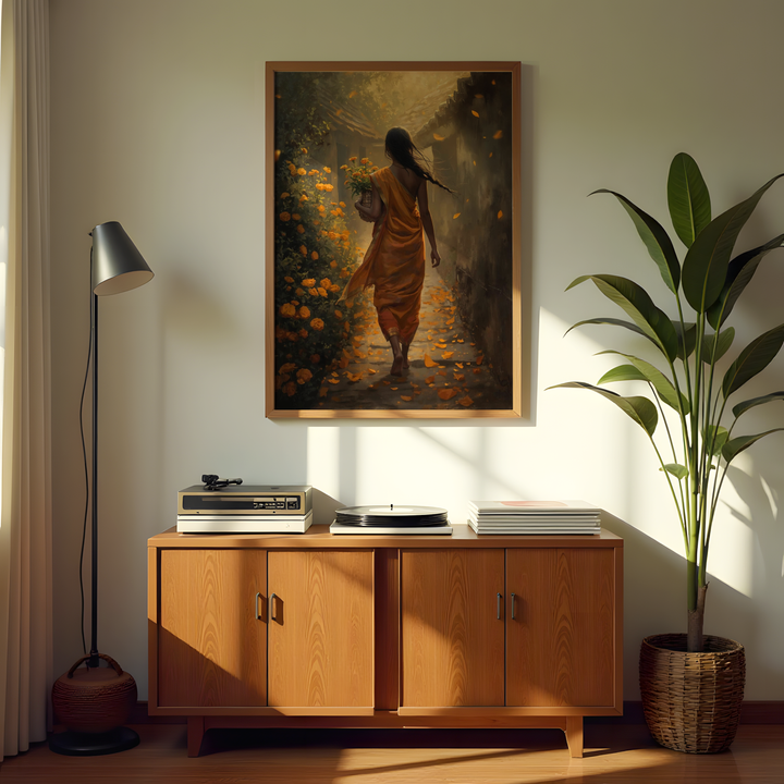 Calm Indian rural woman walking with flowers premium canvas wall decor