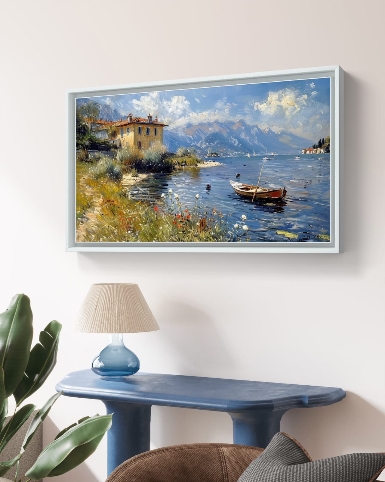 Serene lakeside digital painting with a wooden boat and villa