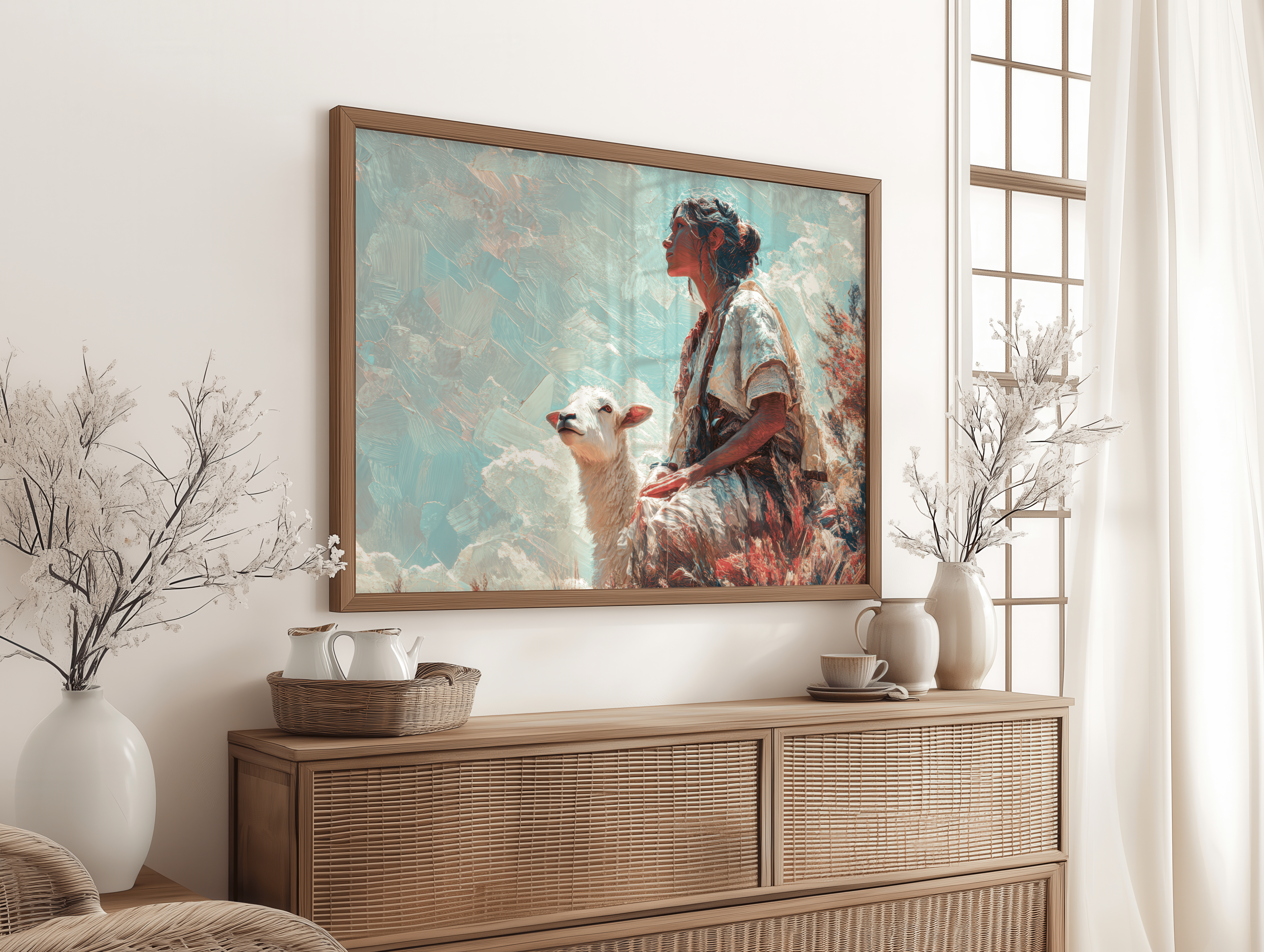 Serene woman sitting beside sheep in pastoral landscape