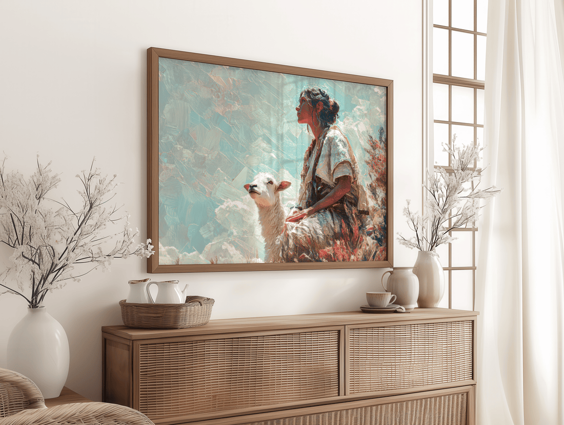 Serene woman sitting beside sheep in pastoral landscape