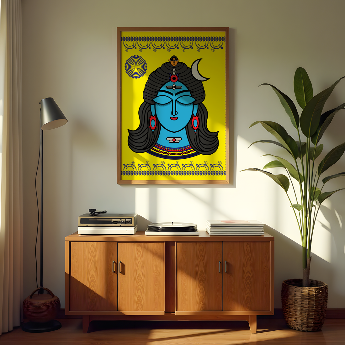 Lord Shiva folk-art painting with bright yellow background and traditional motifs