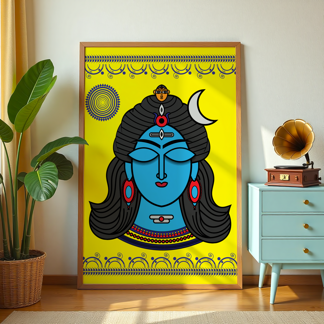 Madhubani-inspired Shiva painting with bold outlines and vibrant colors