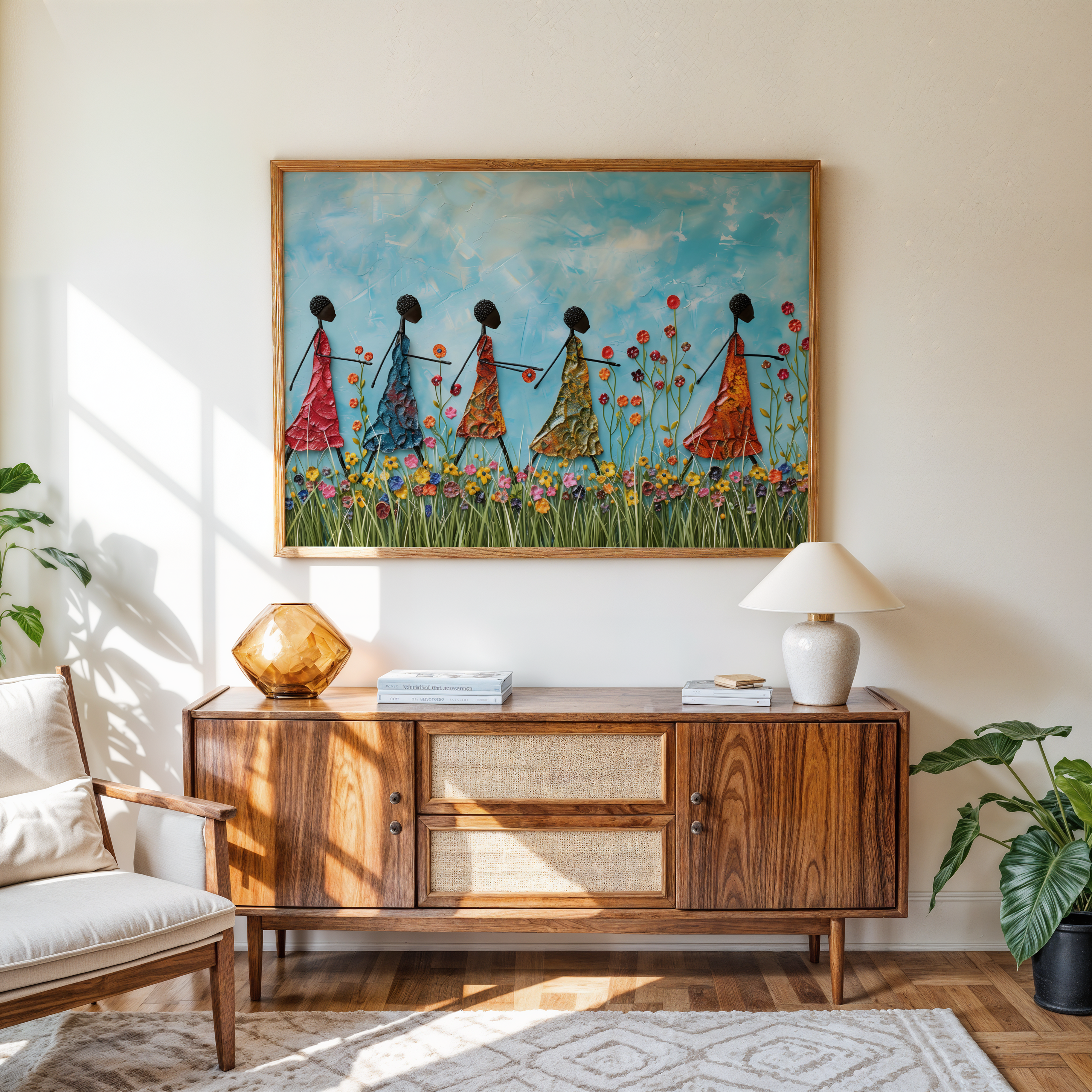 Afro-boho artwork of women in colorful dresses walking through flowers under a blue sky