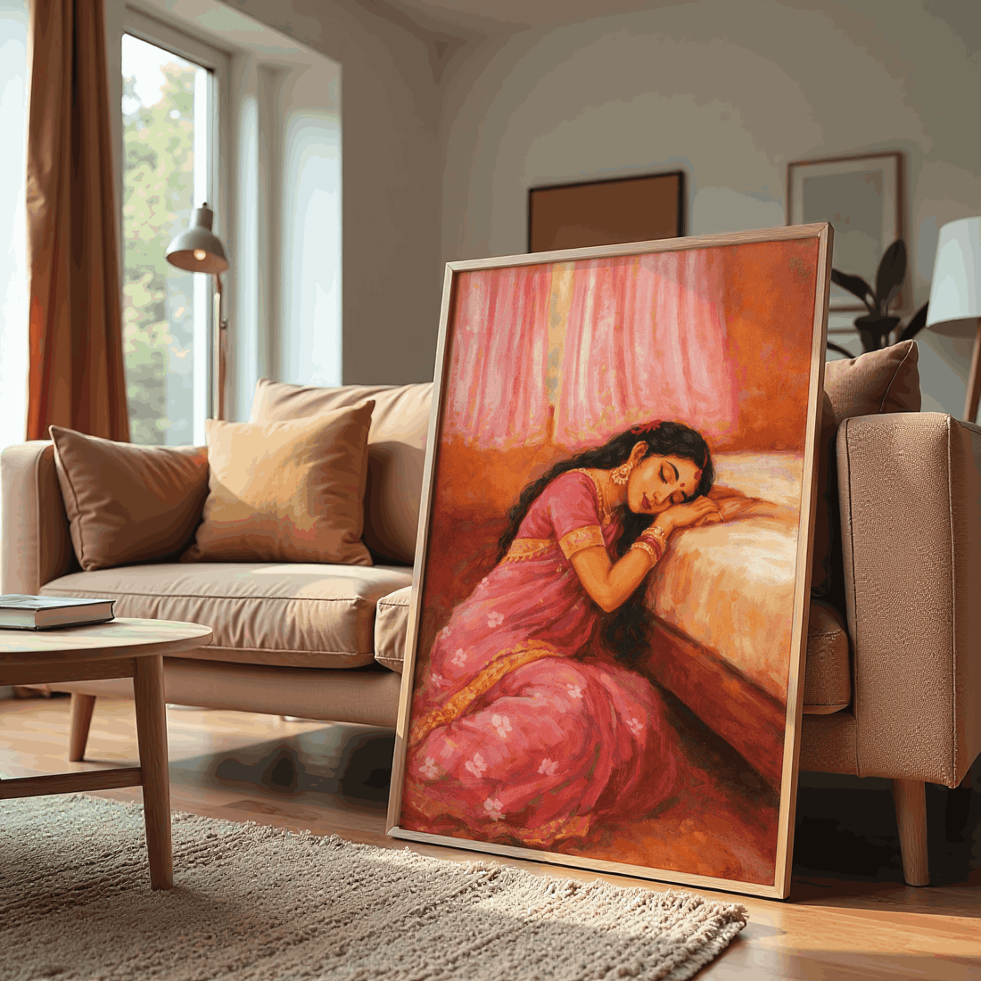 Serene Sleeping Woman in Pink Saree – Traditional Indian Emotional Wall Art