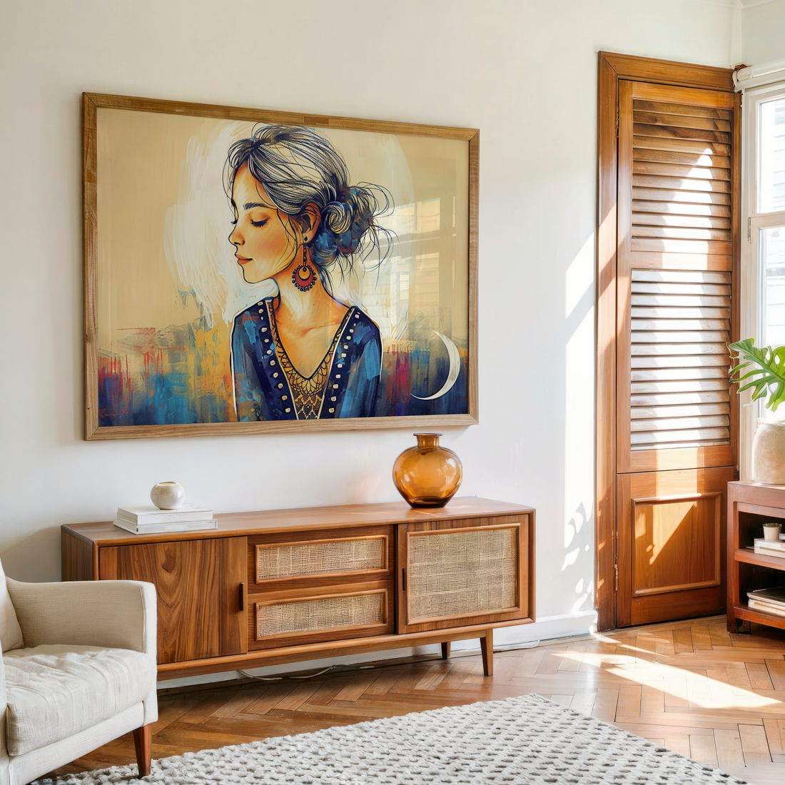 Soft feminine canvas painting of girl side profile with crescent moon background