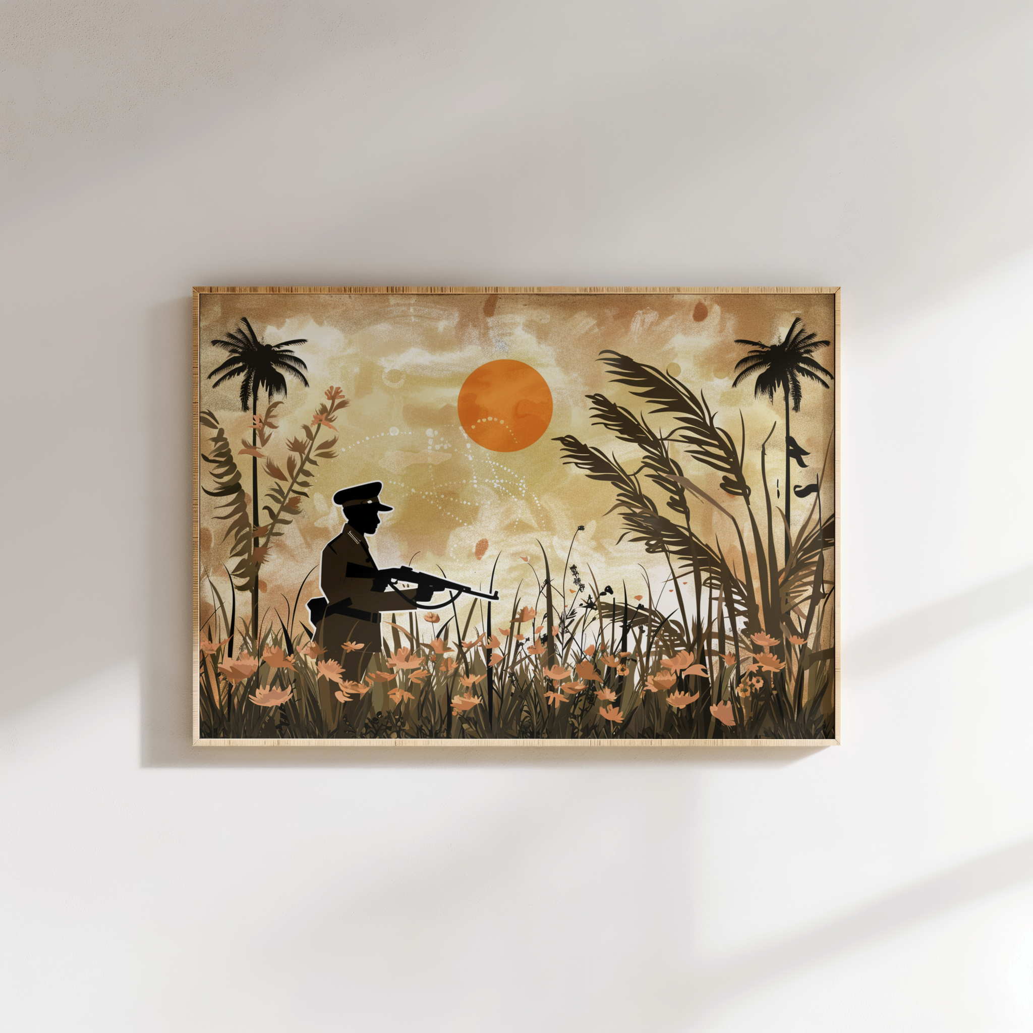 Close-up of soldier silhouette canvas wall art showing details of sunset and nature design