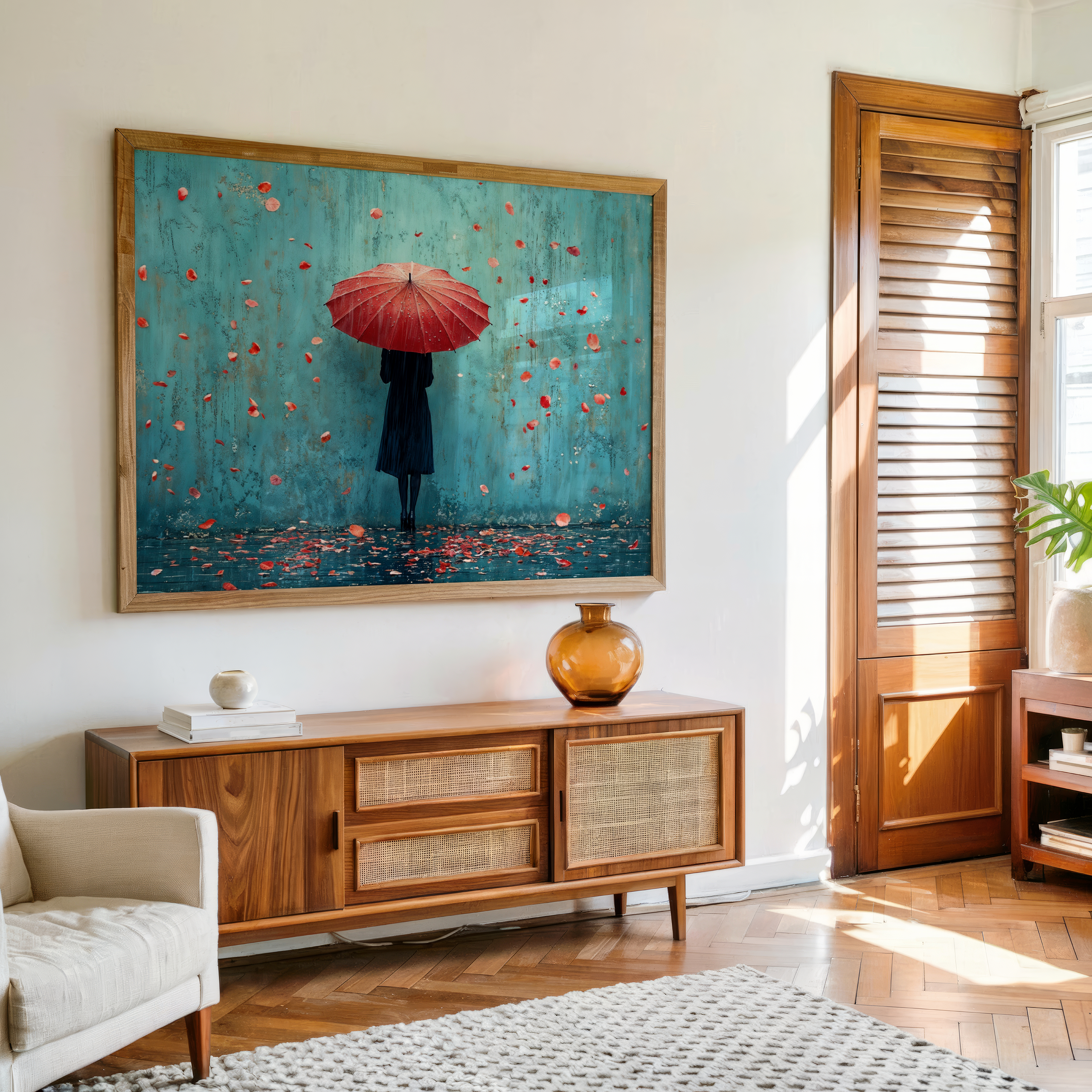 Living room with a large painting of a person with a red umbrella on a blue background, wooden sideboard, and white armchair.