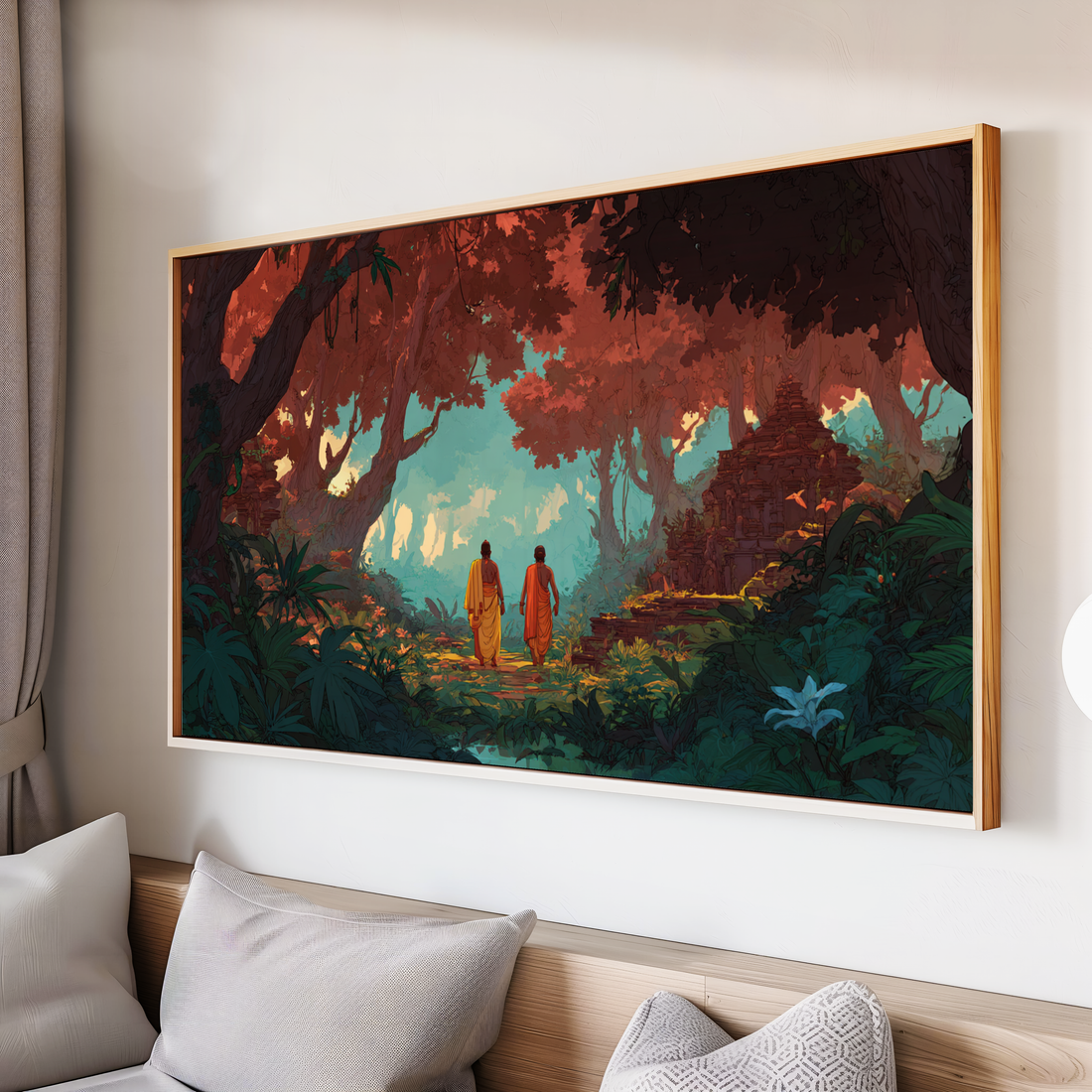 Spiritual monks walking in peaceful forest path canvas wall art
