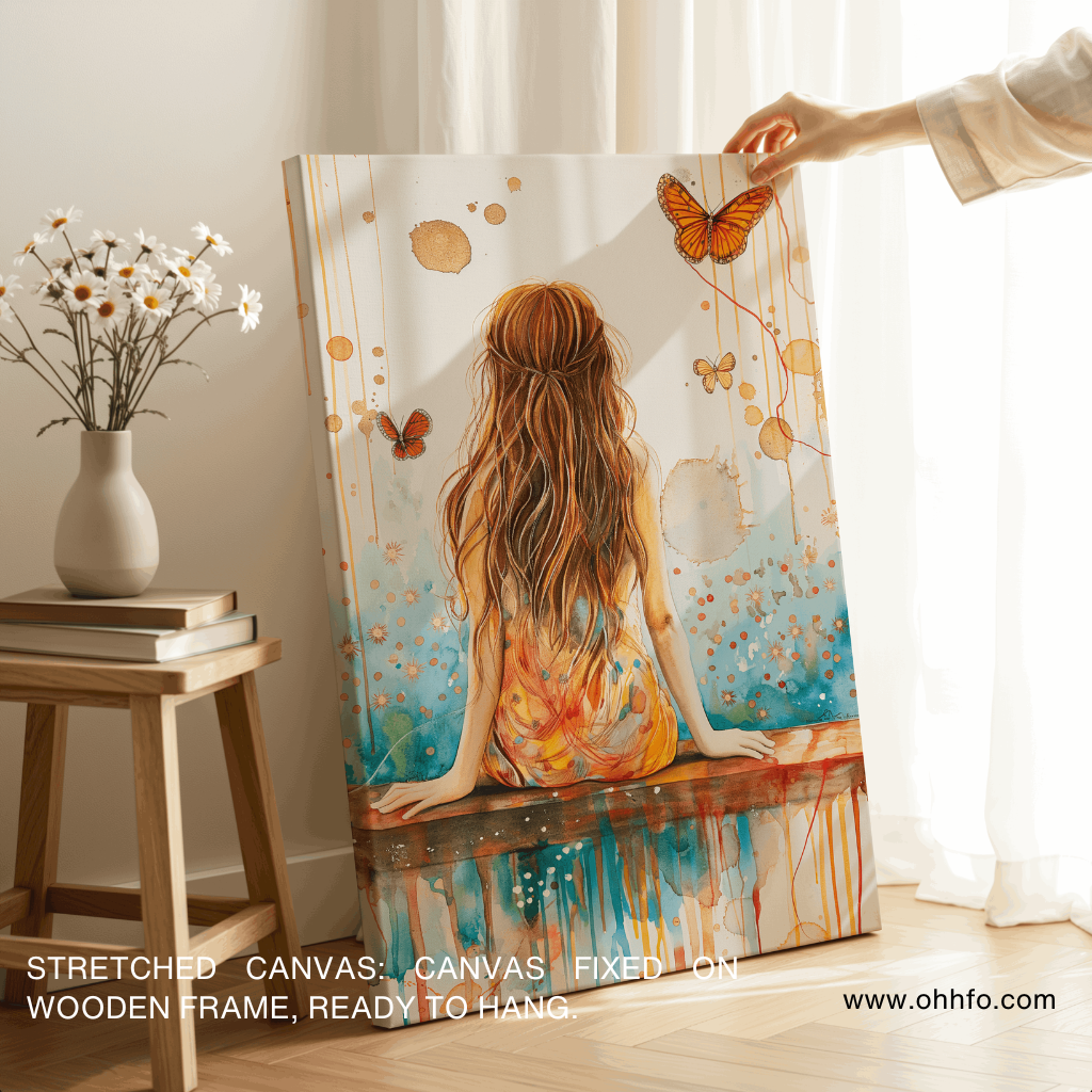 Girl Watching Butterfly Wall Art – Abstract Canvas Print for Calm & Whimsical Home Decor
