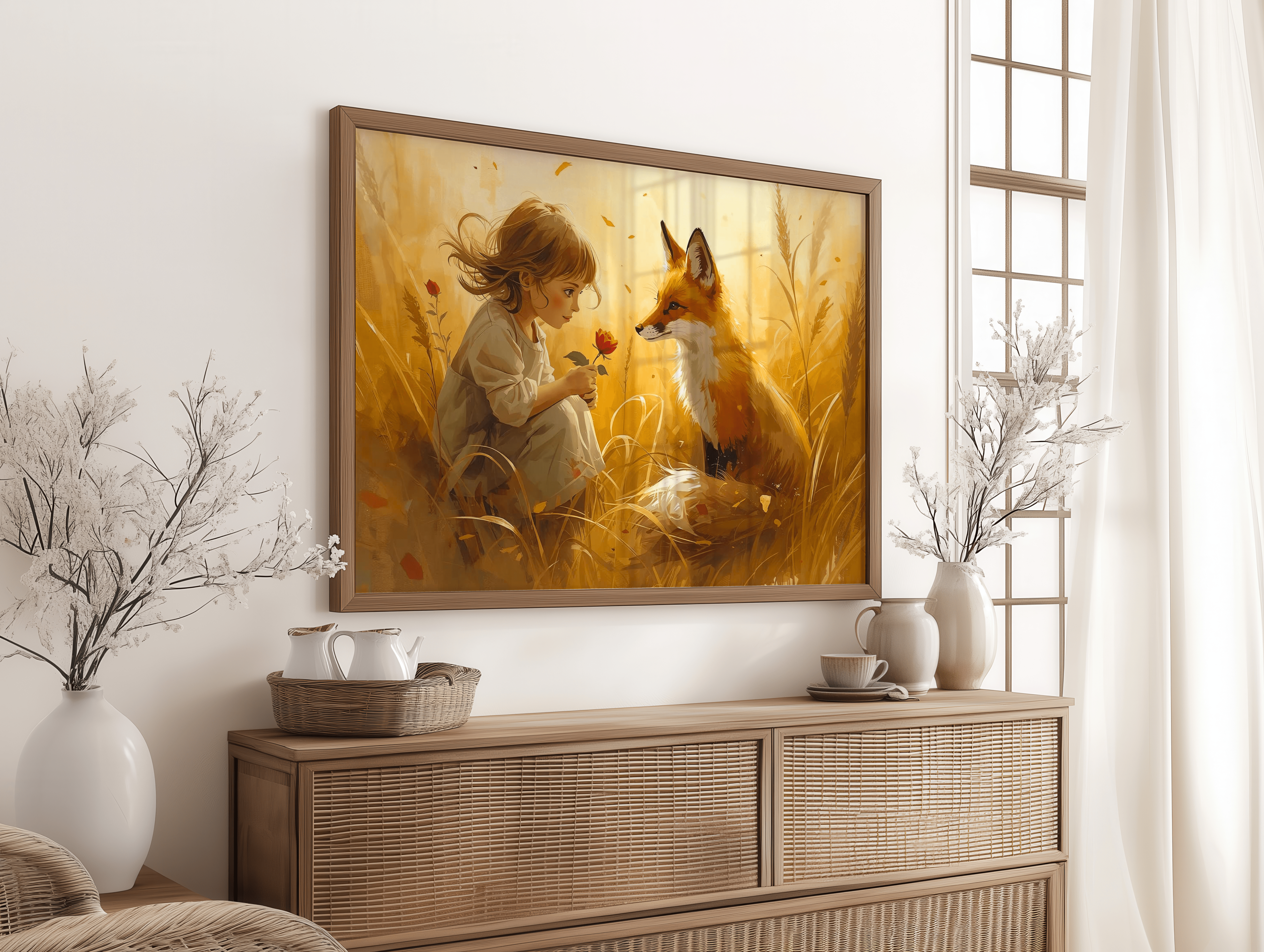 Storybook fox and child illustration canvas art with warm golden tones