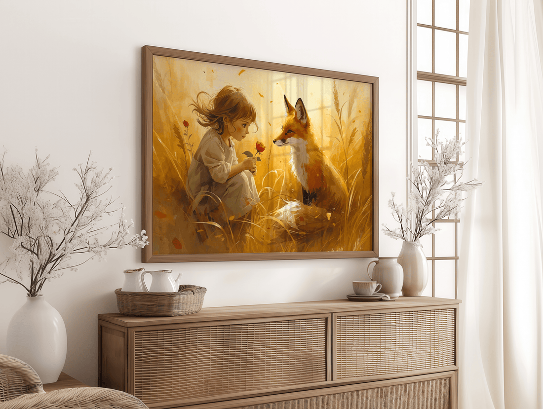 Storybook fox and child illustration canvas art with warm golden tones